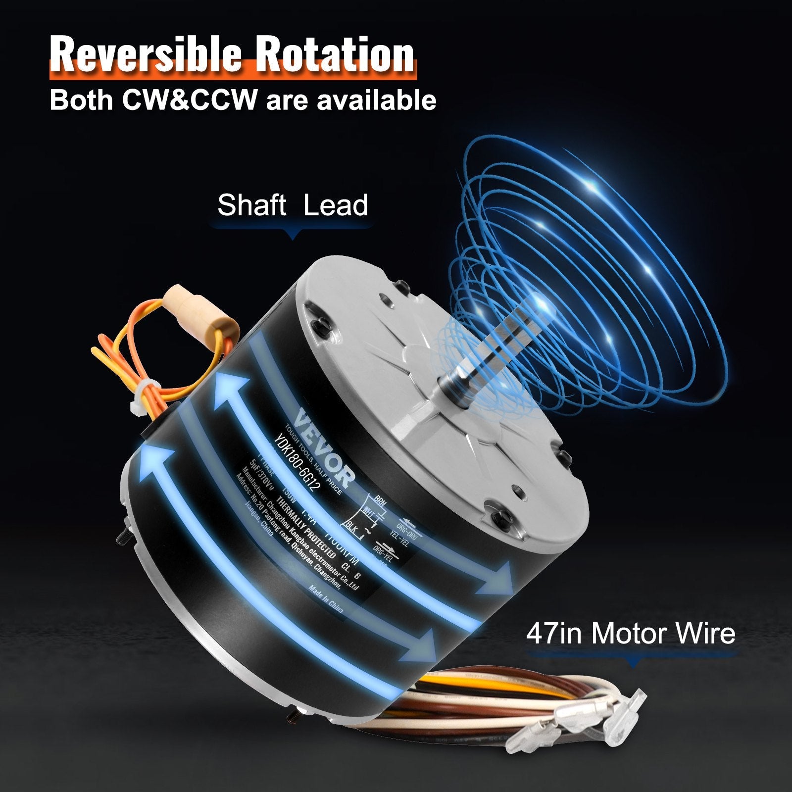 VEVOR Condenser Fan Motor 5KCP39EGS070S, 5KCP39EGY823S, 1/4 HP 208-230V, 1100RPM, OEM Standard Upgraded Replacement Condenser Motor Reversible Rotating, Explosion-proof CBB65 5?F/370V Capacitor