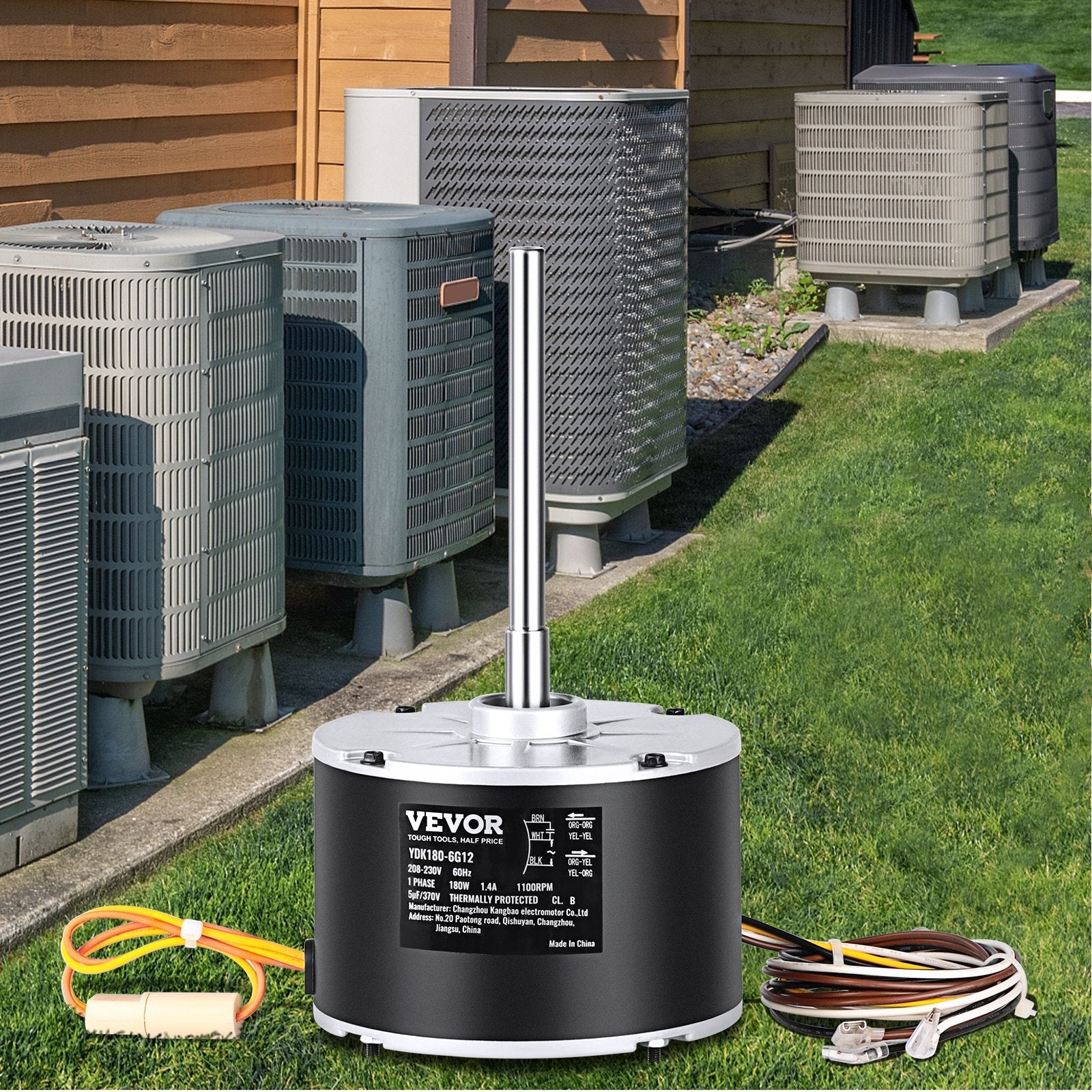 VEVOR Condenser Fan Motor 5KCP39EGS070S, 5KCP39EGY823S, 1/4 HP 208-230V, 1100RPM, OEM Standard Upgraded Replacement Condenser Motor Reversible Rotating, Explosion-proof CBB65 5?F/370V Capacitor