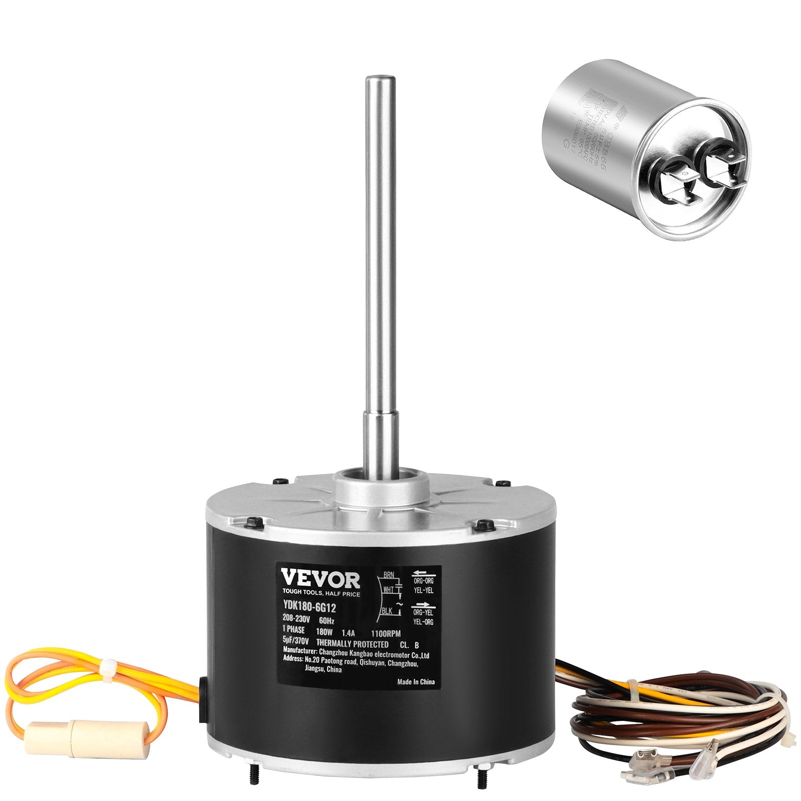 VEVOR Condenser Fan Motor 5KCP39EGS070S, 5KCP39EGY823S, 1/4 HP 208-230V, 1100RPM, OEM Standard Upgraded Replacement Condenser Motor Reversible Rotating, Explosion-proof CBB65 5?F/370V Capacitor