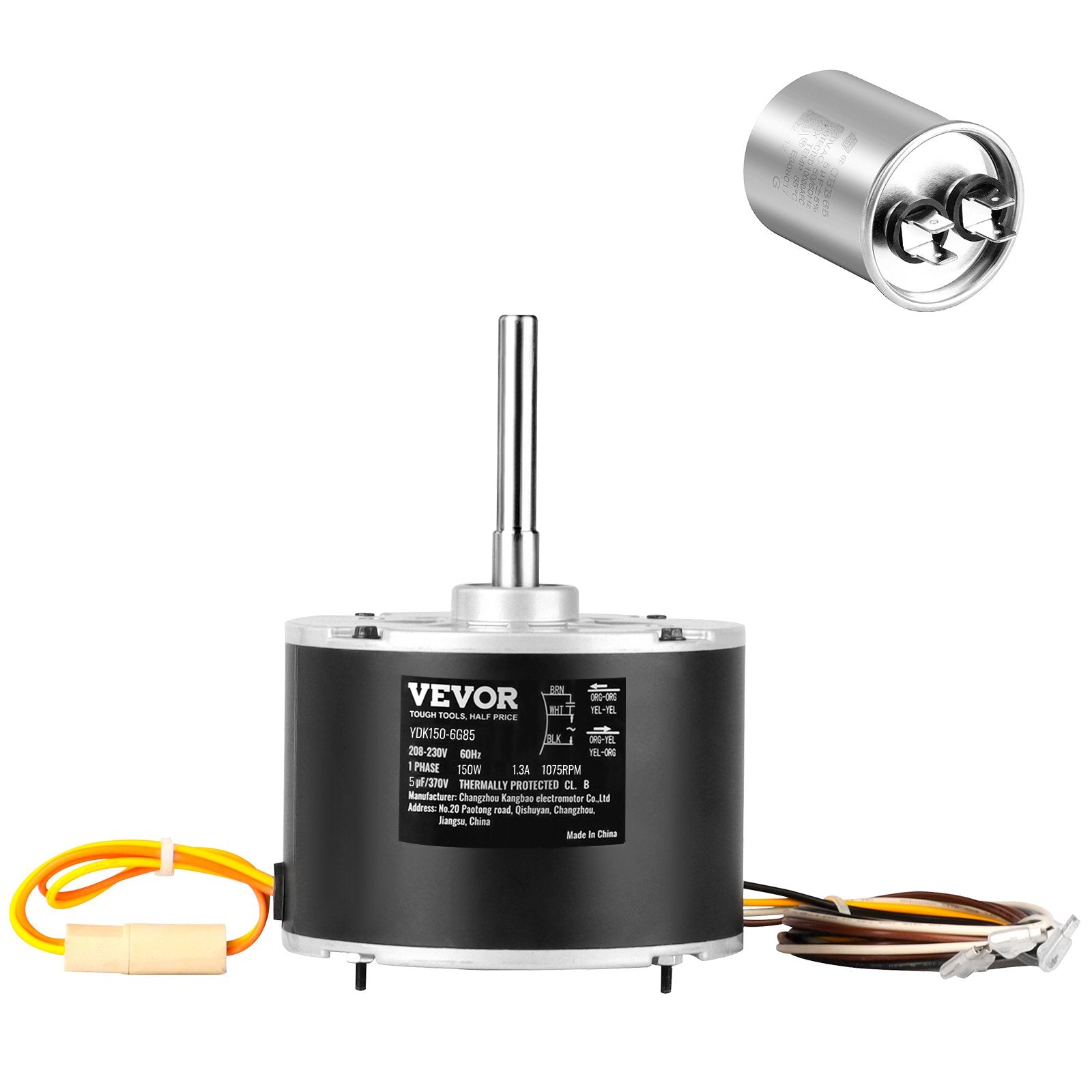 VEVOR Condenser Fan Motor K55HXJKL-2918, 51-23055-11, 1/5 HP 208-230V, 1075RPM, OEM Standard Upgraded Replacement Condenser Motor Reversible Rotating, Explosion-proof CBB65 5?F/370V Capacitor
