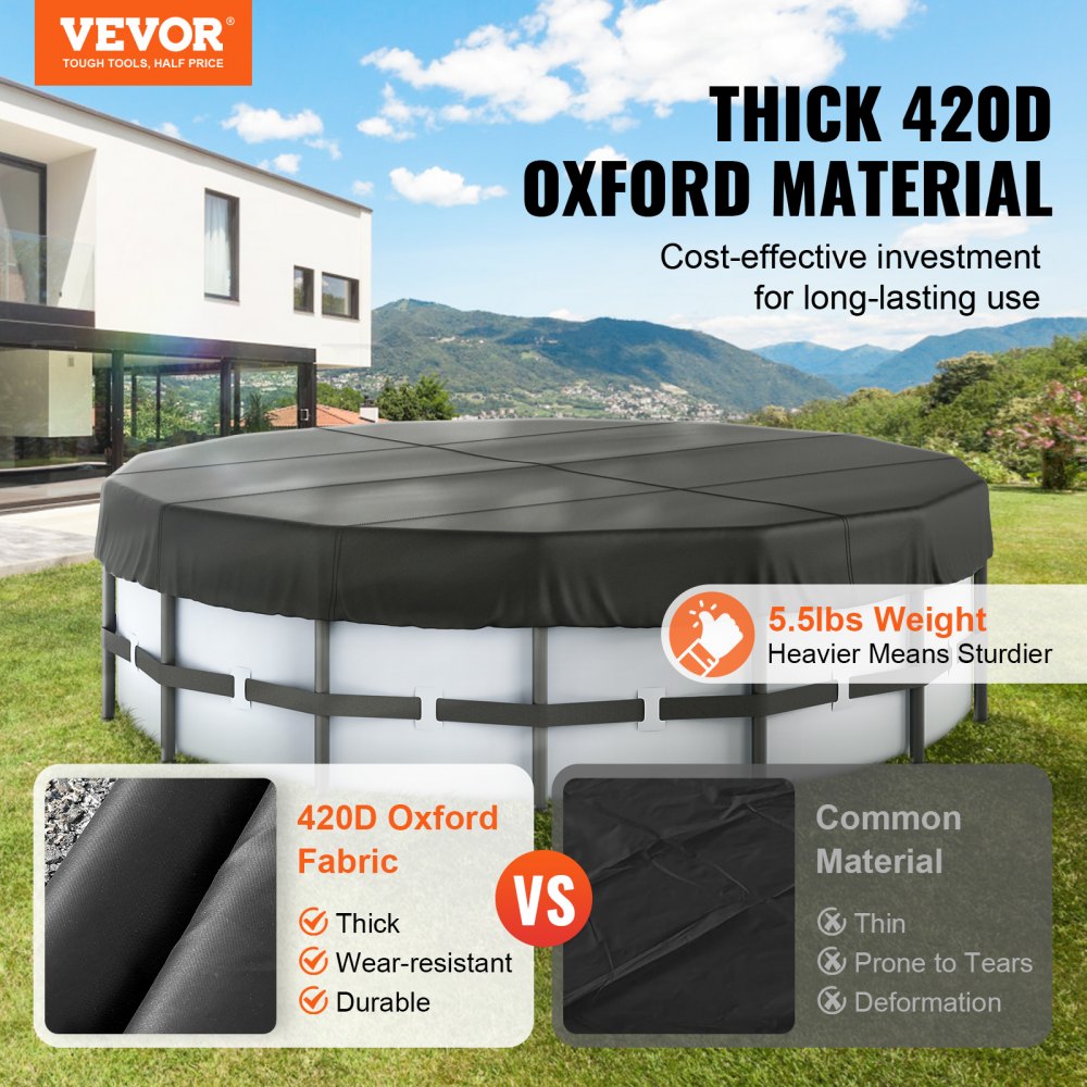 VEVOR 15 Ft Round Pool Cover, Solar Covers for Above Ground Pools, Safety Pool Cover with Drawstring Design, 420D Oxford Fabric Winter Pool Cover, Waterproof and Dustproof, Black