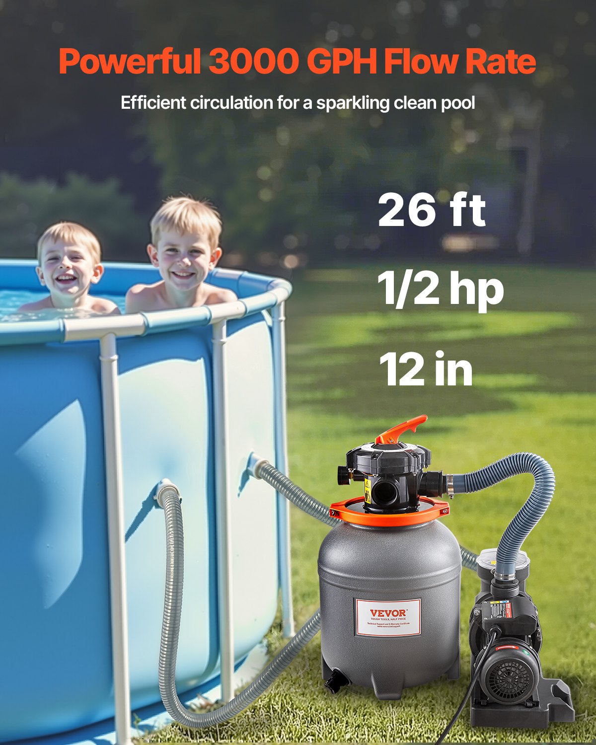 VEVOR 12 in Sand Filter Pump for Above Ground Swimming Pools 1/2 HP 3000 GPH
