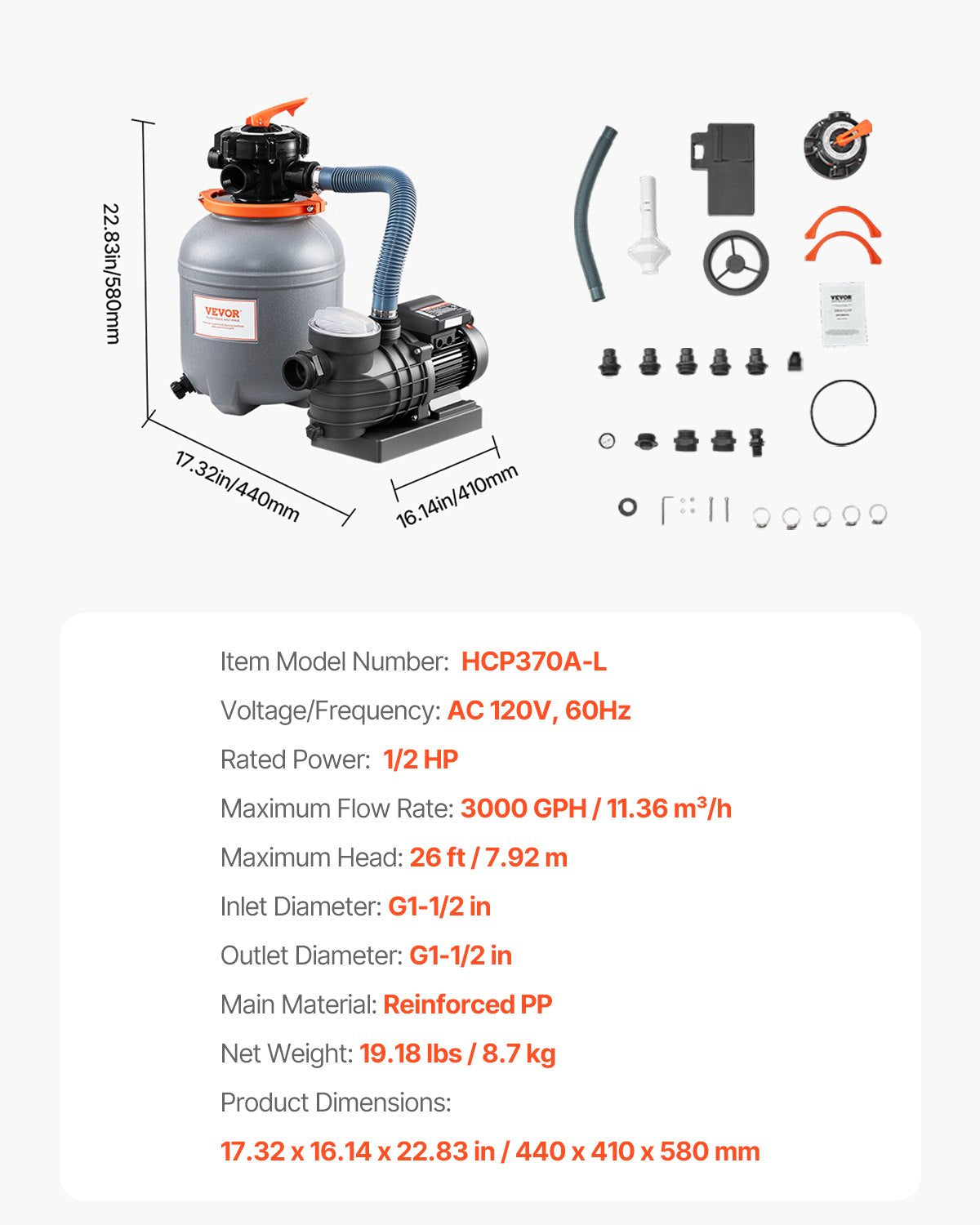 VEVOR 12 in Sand Filter Pump for Above Ground Swimming Pools 1/2 HP 3000 GPH