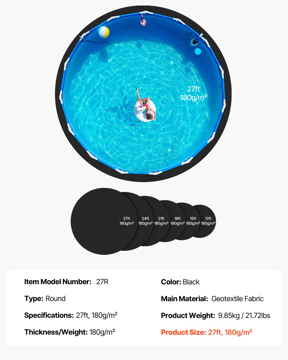 VEVOR 27ft Round Pool Liner Pad for Above Ground Pools Heavy Duty Pool Mat