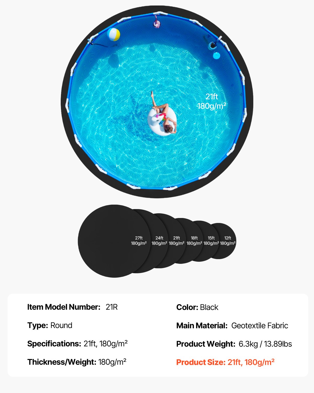 VEVOR 21ft Round Pool Liner Pad for Above Ground Pools Heavy Duty Pool Mat