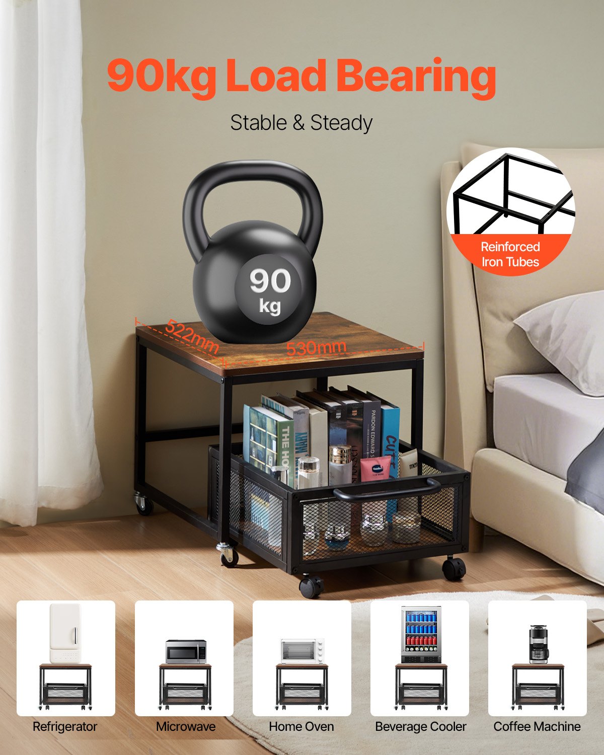 VEVOR Mini Fridge Stand 198lbs with Storage Cart & Swivel Wheels Light Brown