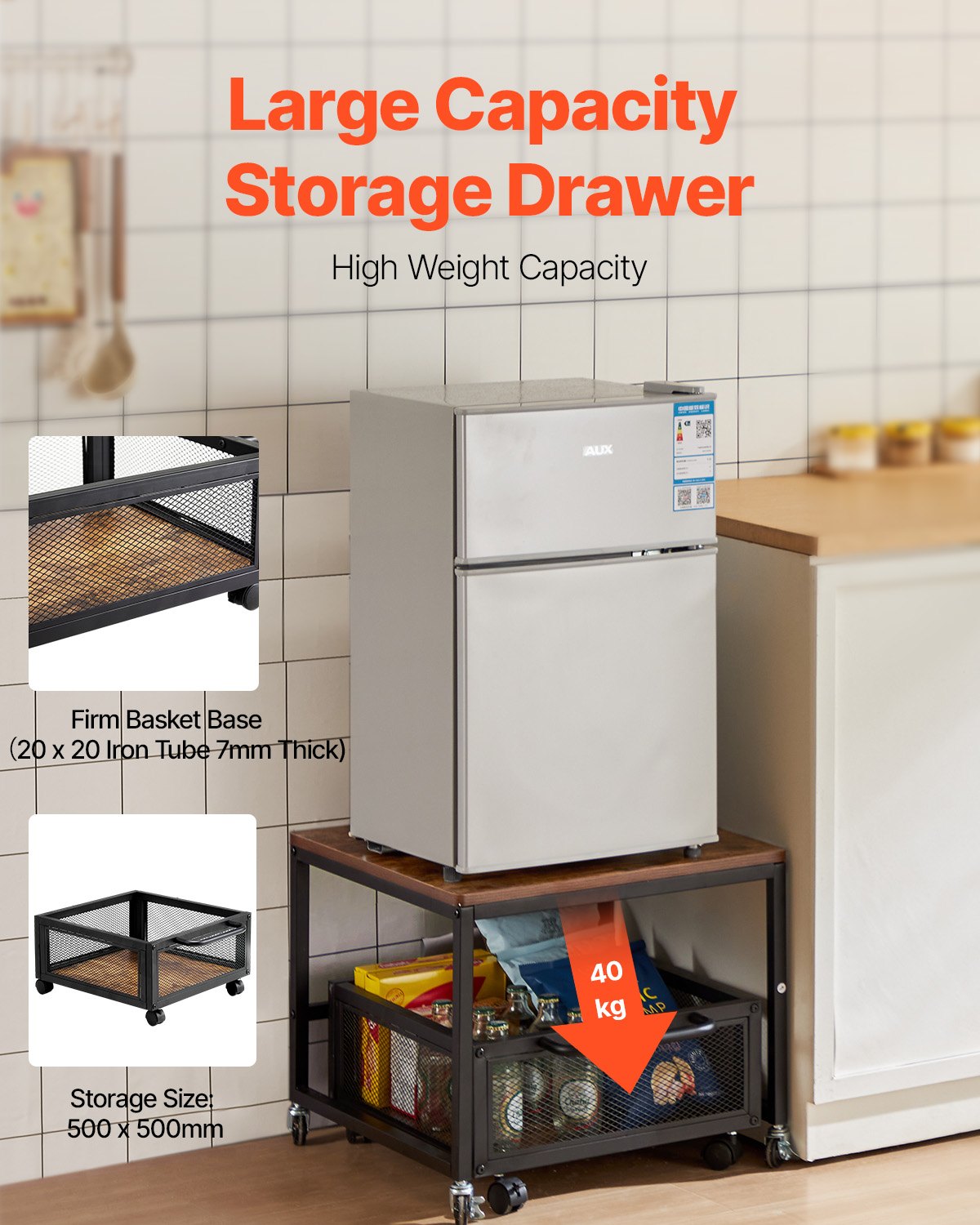 VEVOR Mini Fridge Stand 198lbs with Storage Cart & Swivel Wheels Light Brown