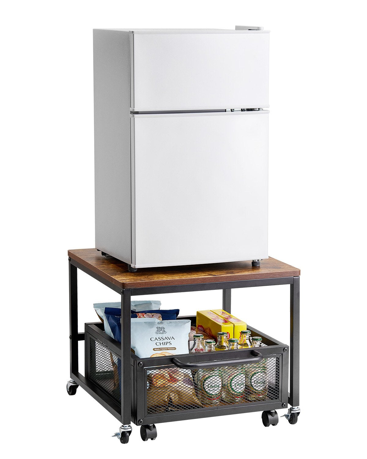 VEVOR Mini Fridge Stand 198lbs with Storage Cart & Swivel Wheels Light Brown
