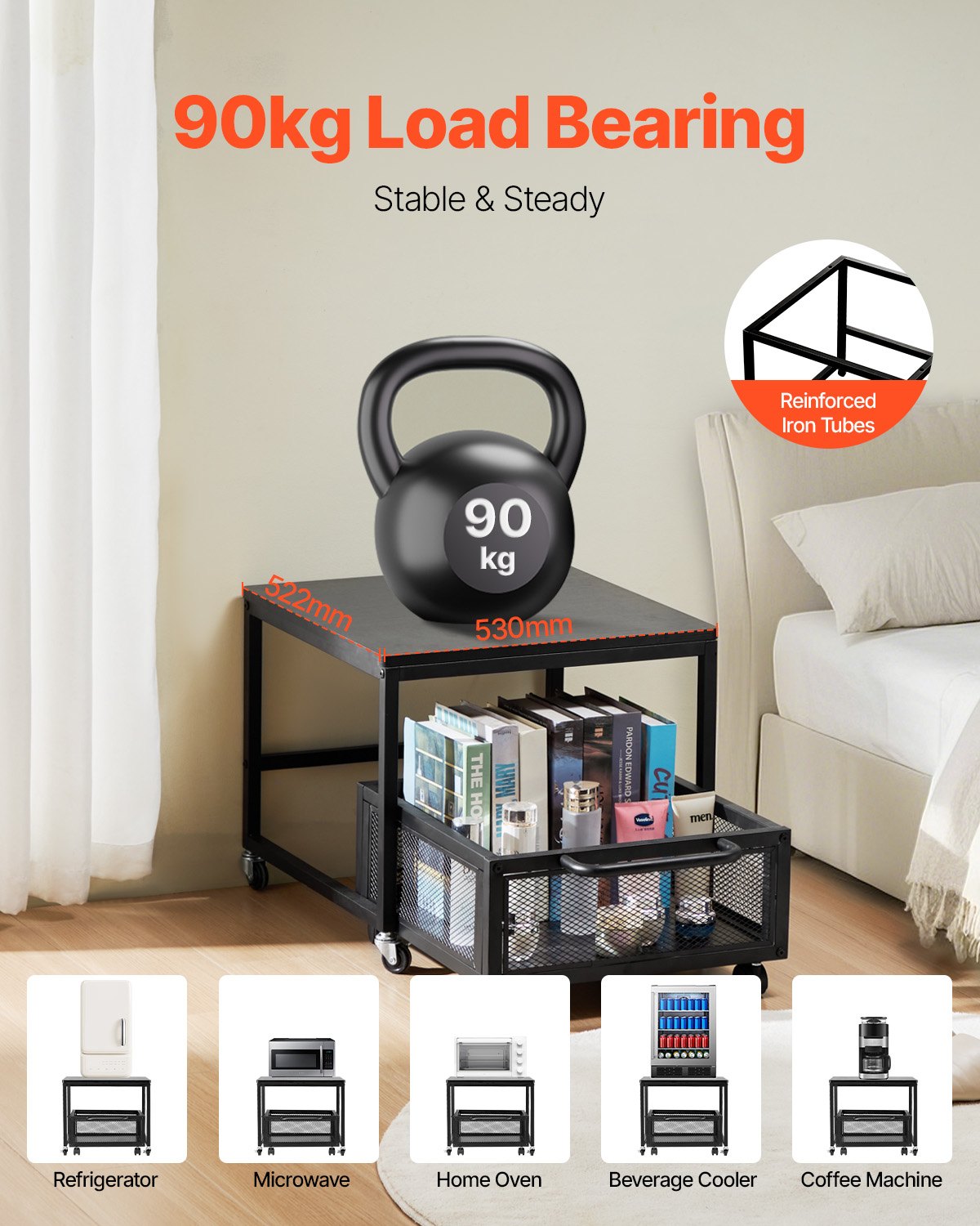 VEVOR Mini Fridge Stand 198lbs with Storage Storage Cart & Swivel Wheels Black