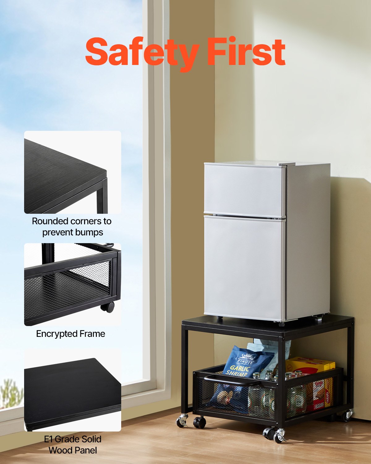 VEVOR Mini Fridge Stand 198lbs with Storage Storage Cart & Swivel Wheels Black