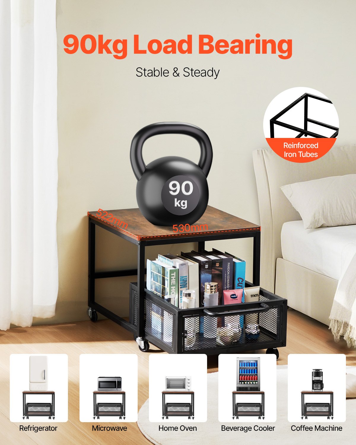 VEVOR Mini Fridge Stand 198lbs with Storage Cart & Swivel Wheels Dark Brown