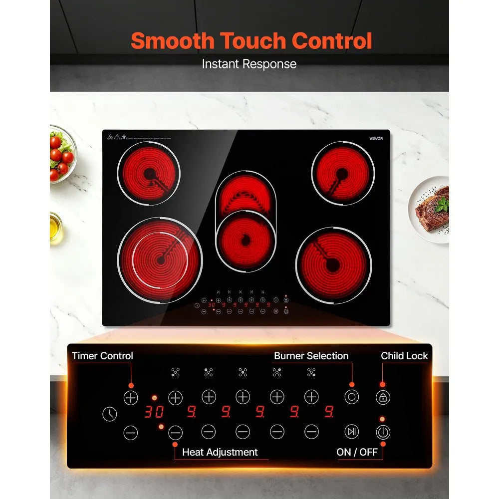 30-Inch Built-In Electric Ceramic Cooktop, 5 Burners, 8900W, Touch Control, 220–240V