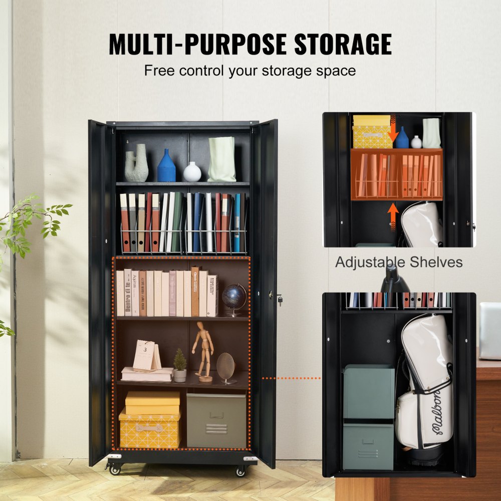 VEVOR Metal Storage Cabinet with Wheels, 75 in Locking Cabinet with 4 Adjustable Shelves & 2 Magnetic Doors, 200 lbs Capacity per Shelf, Metal Cabinet with 3 Keys for Office, Garage, Home, Black