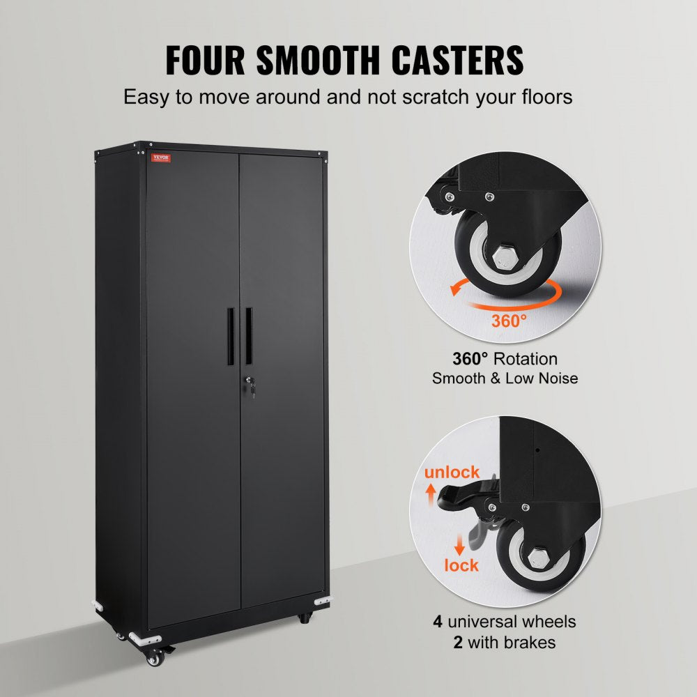 VEVOR Metal Storage Cabinet with Wheels, 75 in Locking Cabinet with 4 Adjustable Shelves & 2 Magnetic Doors, 200 lbs Capacity per Shelf, Metal Cabinet with 3 Keys for Office, Garage, Home, Black