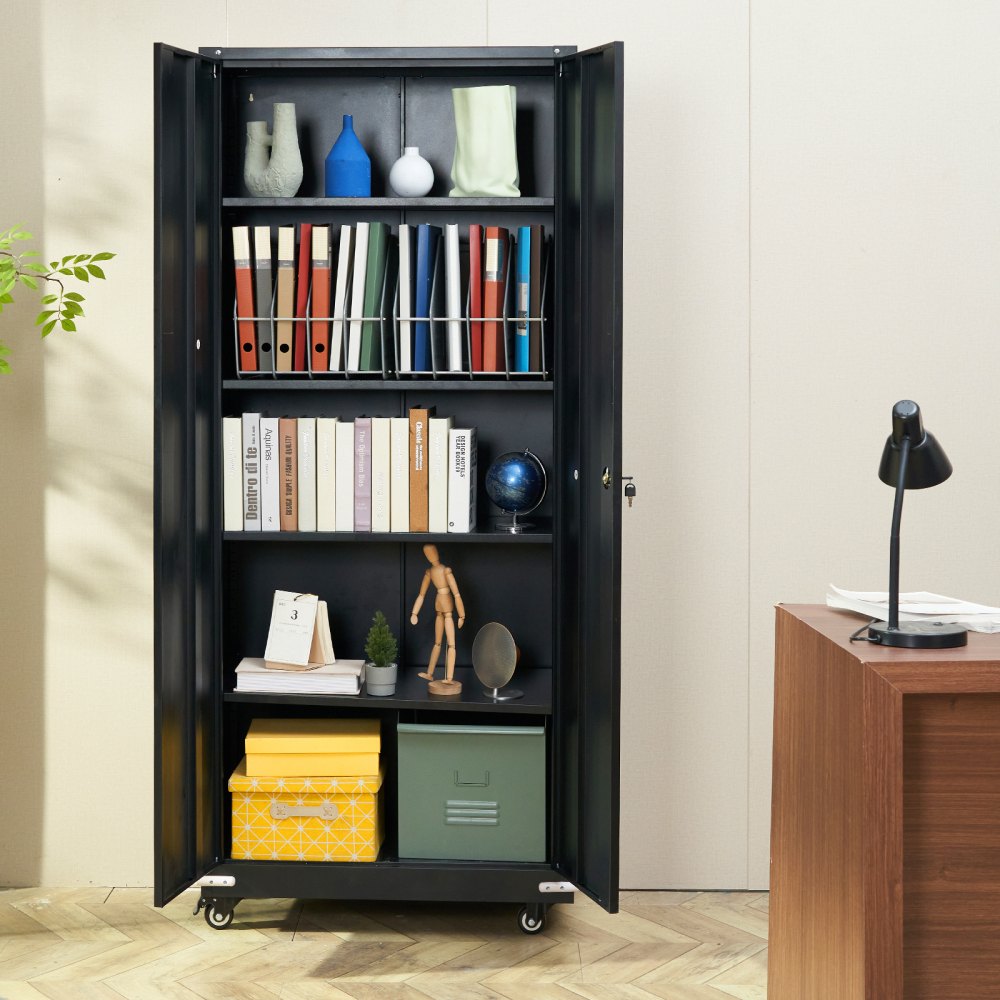 VEVOR Metal Storage Cabinet with Wheels, 75 in Locking Cabinet with 4 Adjustable Shelves & 2 Magnetic Doors, 200 lbs Capacity per Shelf, Metal Cabinet with 3 Keys for Office, Garage, Home, Black