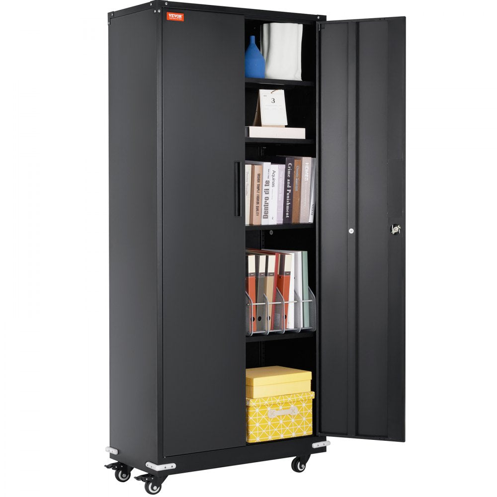 VEVOR Metal Storage Cabinet with Wheels, 75 in Locking Cabinet with 4 Adjustable Shelves & 2 Magnetic Doors, 200 lbs Capacity per Shelf, Metal Cabinet with 3 Keys for Office, Garage, Home, Black