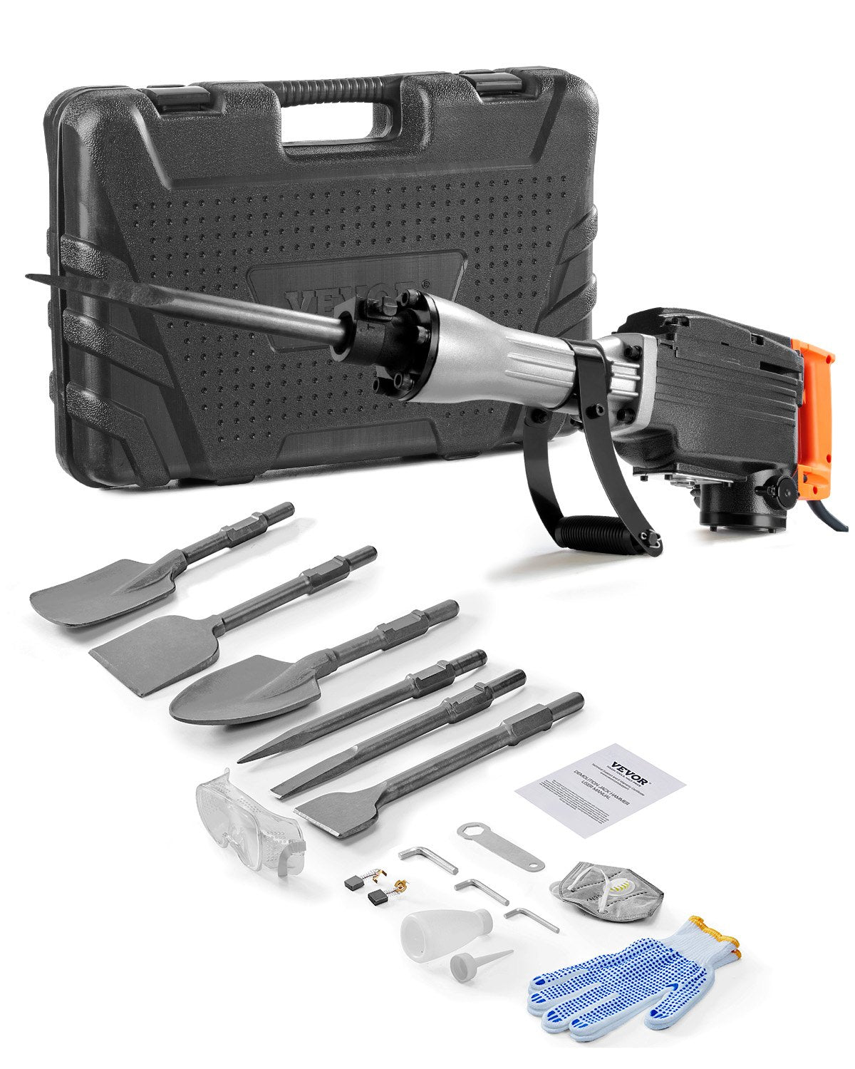 VEVOR Demolition Jack Hammer, 2200W Electric Jackhammer Heavy Duty, 1350 BPM Concrete Breaker 6pcs Chisels Bit Chipping with Case, Black