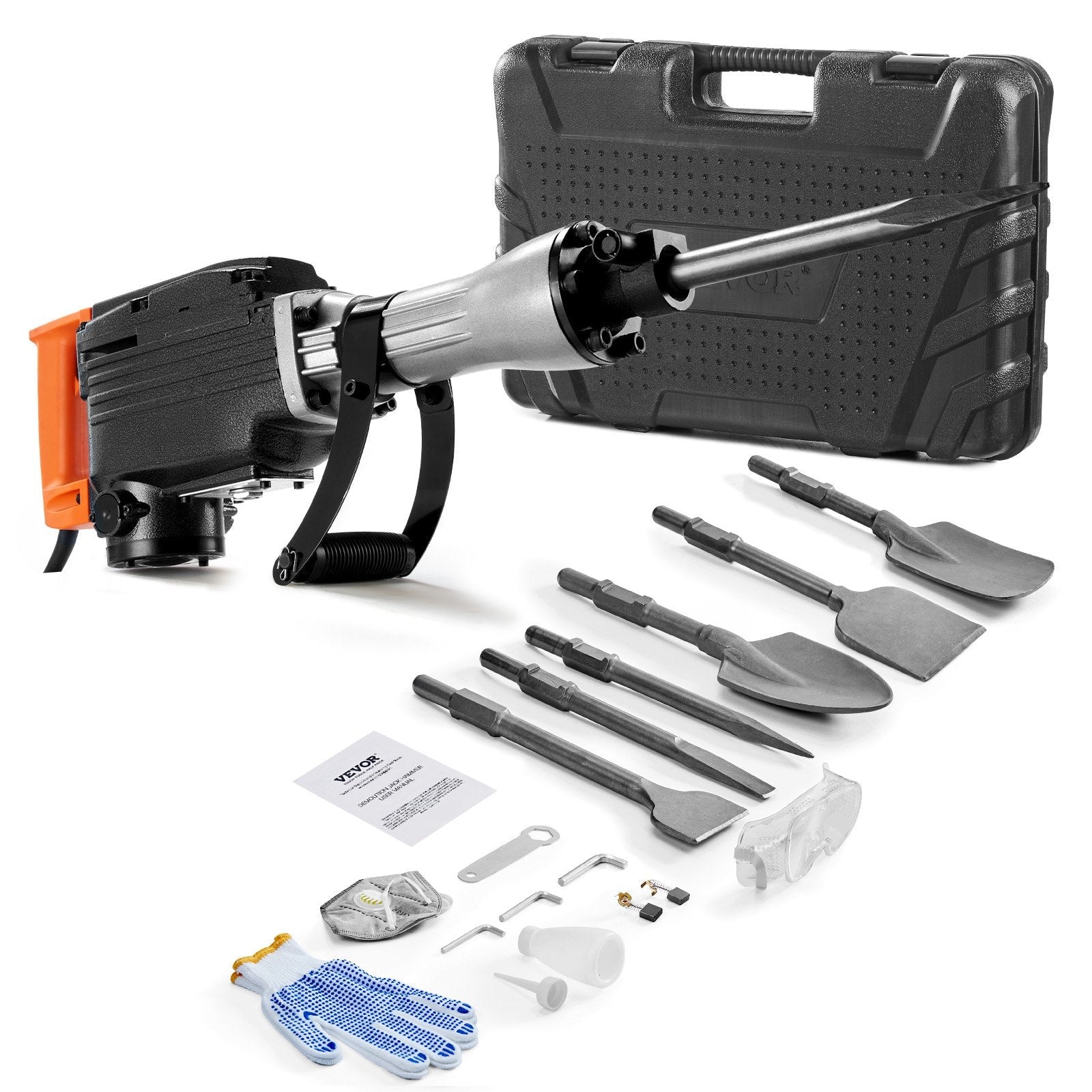 VEVOR Demolition Jack Hammer, 2200W Electric Jackhammer Heavy Duty, 1350 BPM Concrete Breaker 6pcs Chisels Bit Chipping with Case, Black
