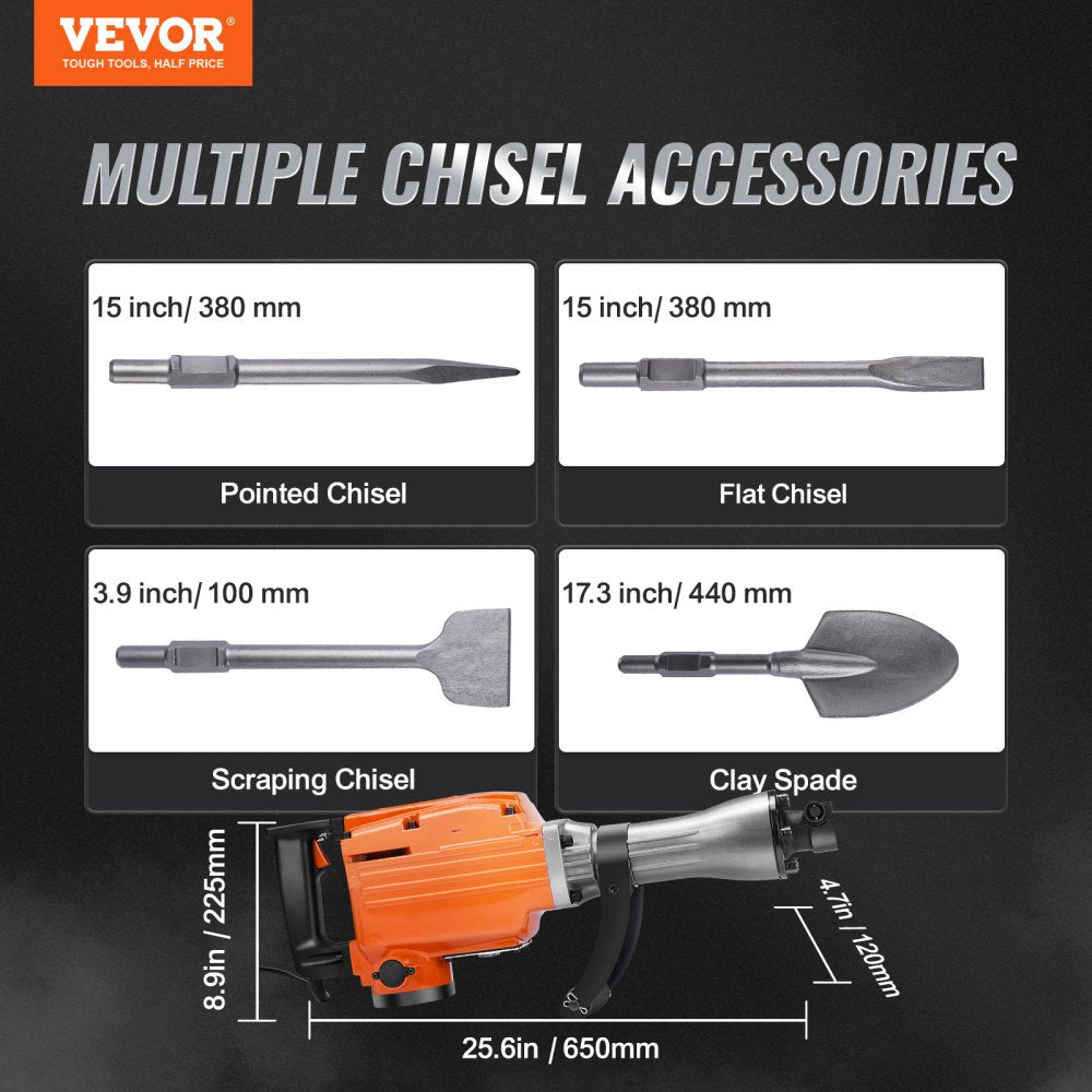 VEVOR Demolition Jack Hammer 2200W Jack Hammer Concrete Breaker 1400 BPM Heavy Duty Electric Jack Hammer 6pcs Chisels Bit w/Gloves & 360°C Swiveling Front Handle for Trenching and Breaking Holes