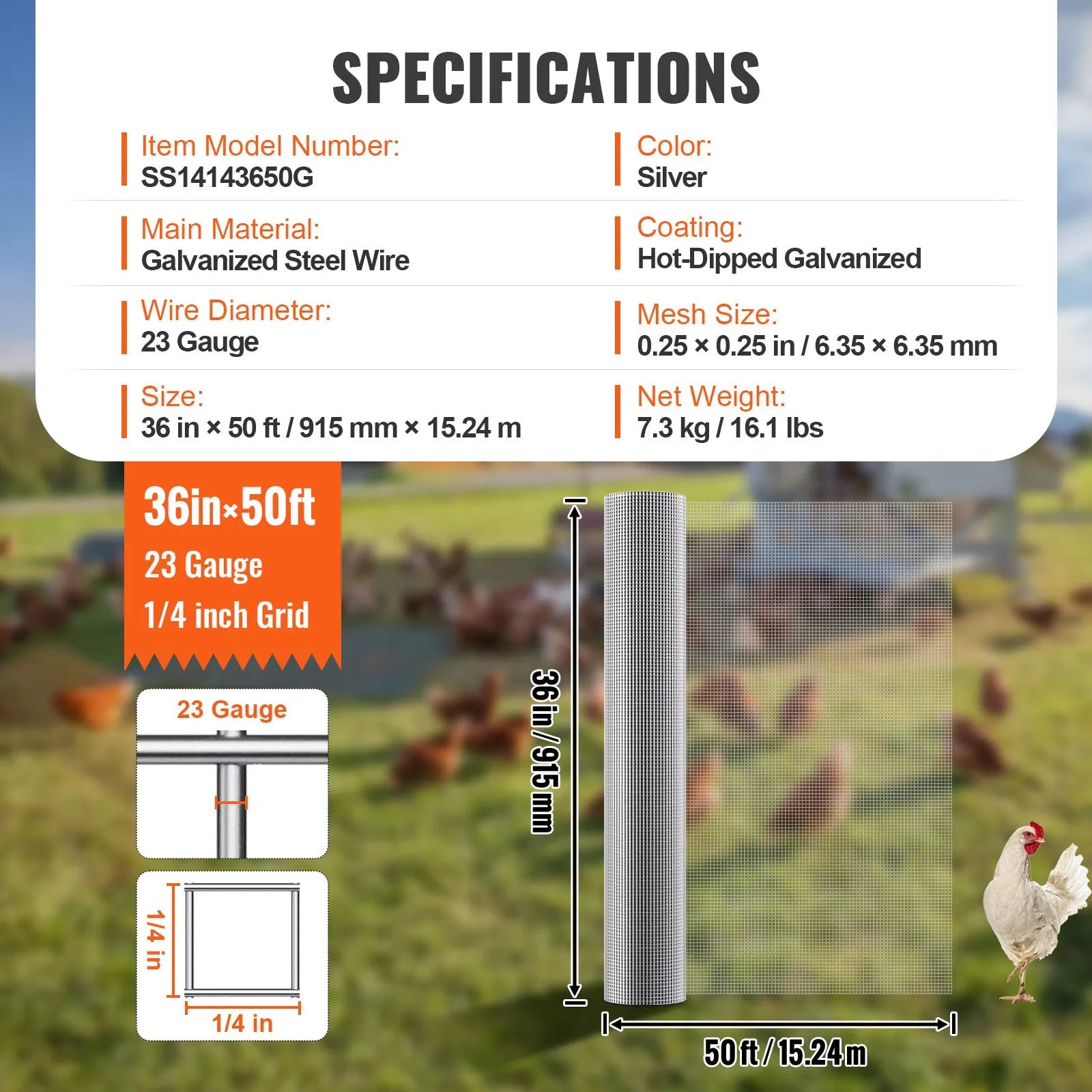 VEVOR Hardware Cloth, 1/4 inch 36in x 50 ft 23 Gauge, Hot Dipped Galvanized Wire Mesh Roll, Chicken Wire Fencing, Wire Mesh for Rabbit Cages, Garden, Small Rodents