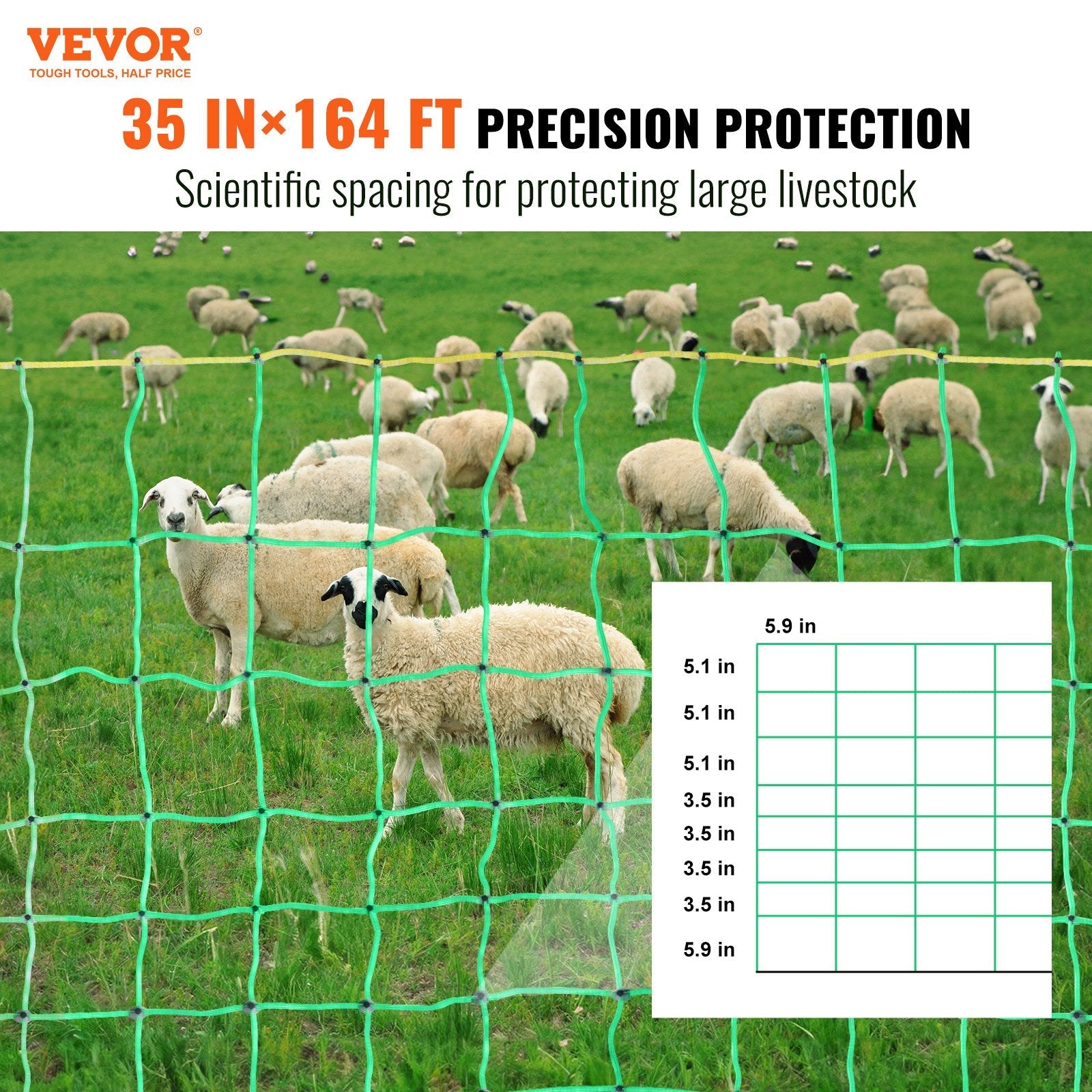 VEVOR Electric Fence Netting, 35" H x 164' L, PE Net Fencing with Posts & Double-Spiked Stakes, Utility Portable Mesh for Goats, Sheep, Lambs, Deer, Hogs, Dogs, Used in Backyards, Farms, and Ranches