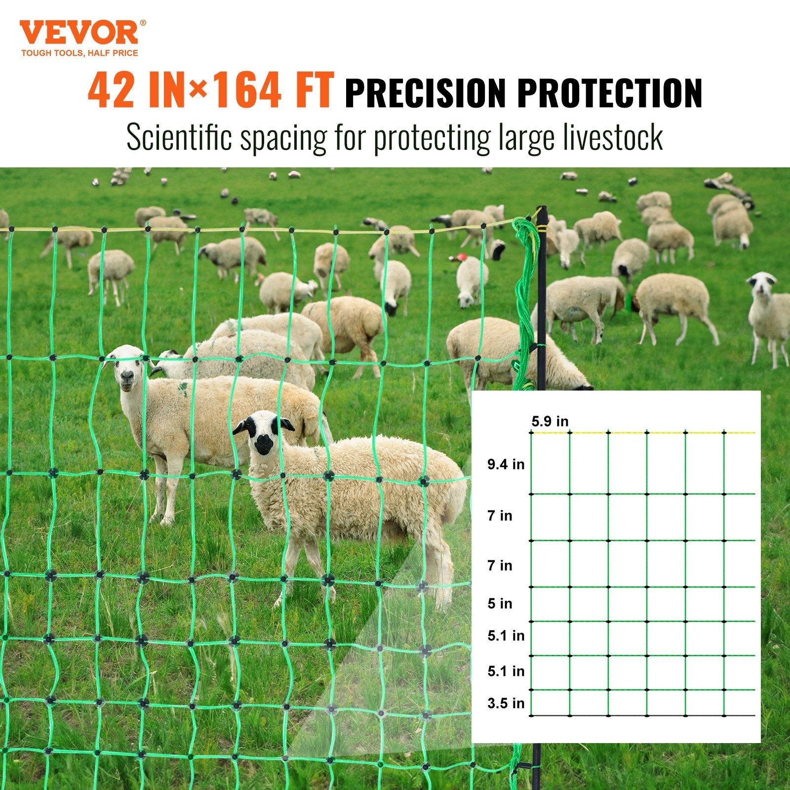 VEVOR Electric Fence Netting, 42" H x 164' L, PE Net Fencing with Posts & Double-Spiked Stakes, Utility Portable Mesh for Goats, Sheep, Lambs, Deer, Hogs, Dogs, Used in Backyards, Farms, and Ranches