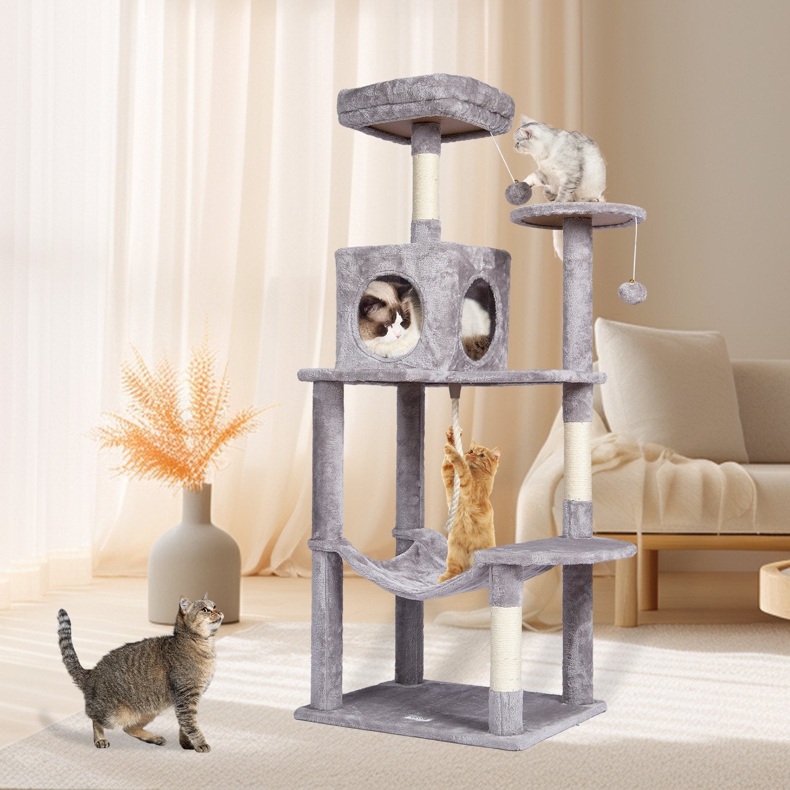 VEVOR Cat Tree 56.2" Cat Tower with Cat Condo Sisal Scratching Post Light Grey