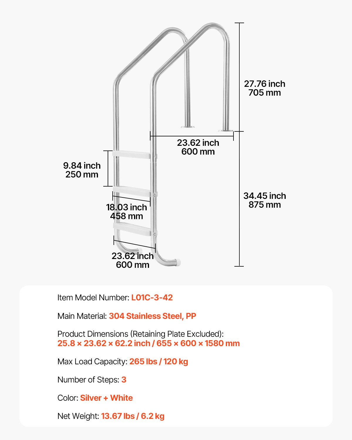 VEVOR Robust Stainless Steel Pool Ladder 3-Step & 2 Handrails for 48-54 In Pool