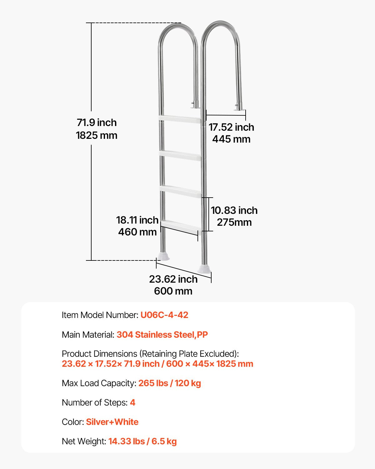 VEVOR 4-Step Stainless Steel Pool Ladder of 2 Handrails for 54 In Decked Pools