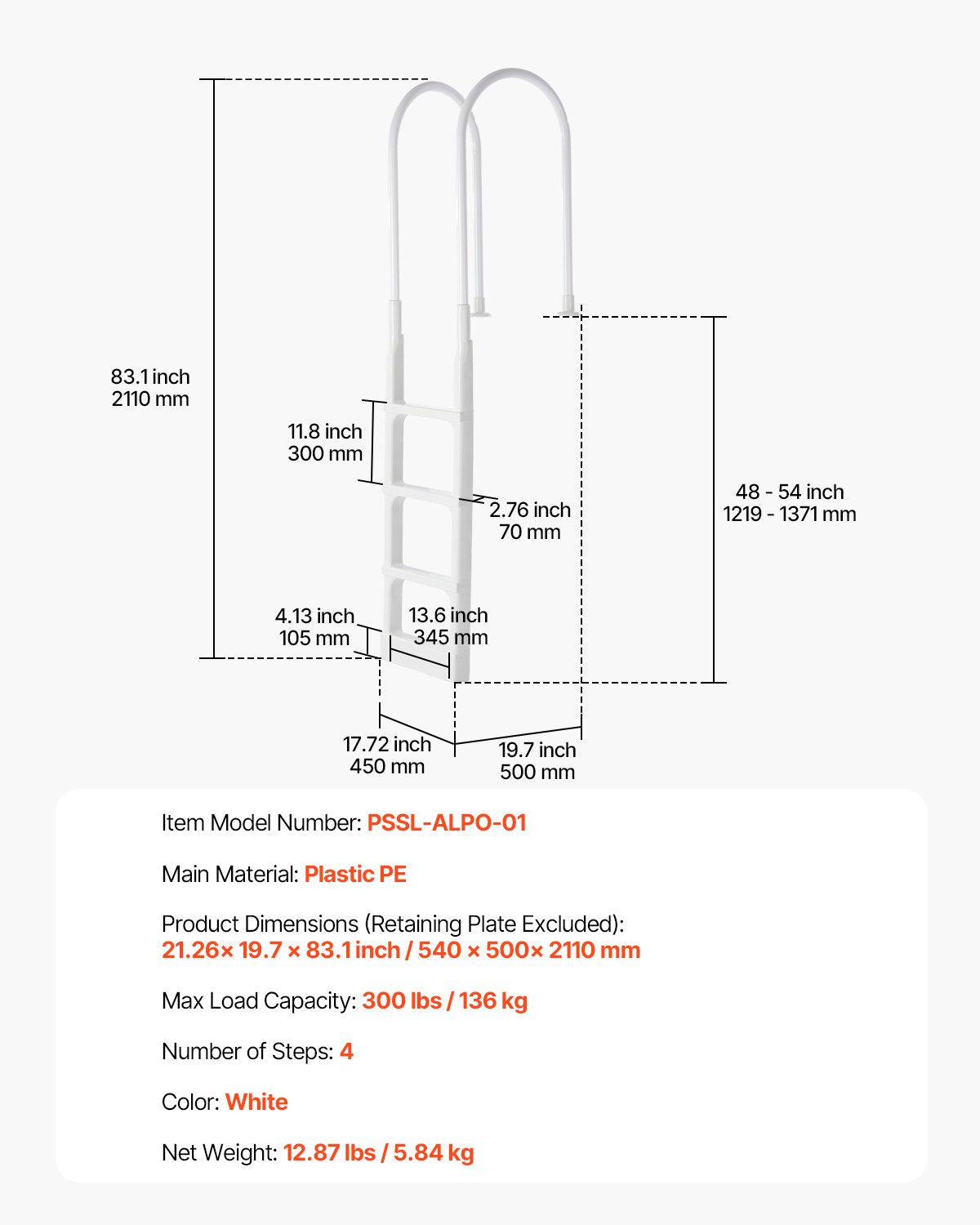 VEVOR Thickened 4-Step Pool Ladder 2 Handrails Loads 300 lb for 48-54 In Pool