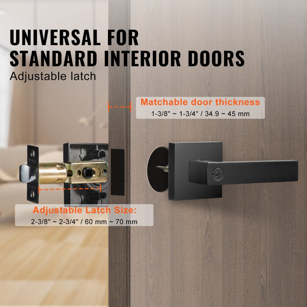 VEVOR Entry Lever Door Handle, 2 PCS Black Entry Knob, Lock and Key Locking Lever Set, Contemporary Square Door Lever, Reversible for Right and Left Sided Doors, 45° Rotation to Open, for Front Door