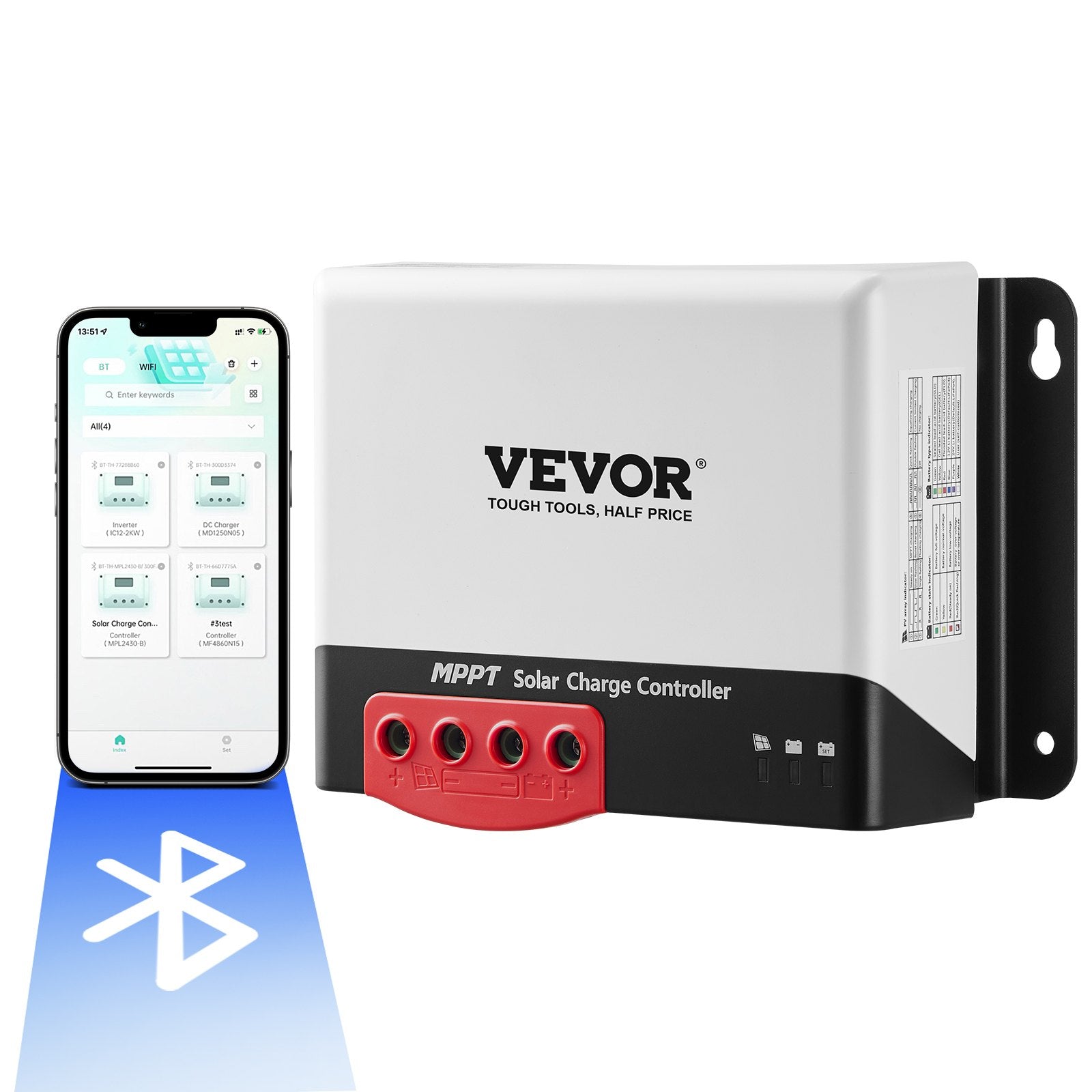 VEVOR 30A MPPT Solar Charge Controller, 12V / 24V Auto DC Input, Solar Panel Regulator Charger with Bluetooth Module, 98% Charging Efficiency for Sealed(AGM), Gel, Flooded and Lithium Battery Charging