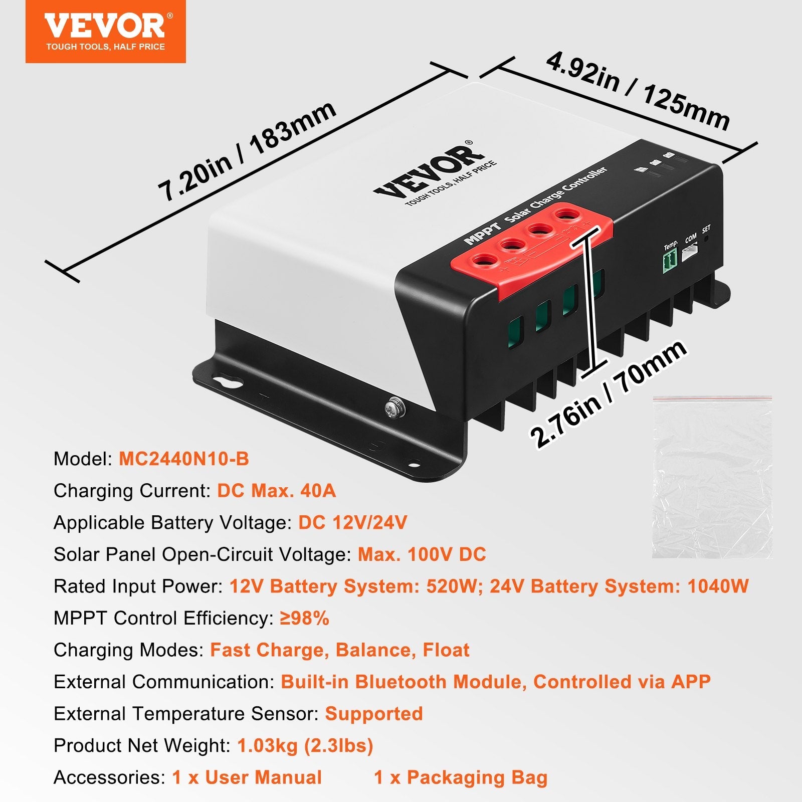 VEVOR 40A MPPT Solar Charge Controller, 12V / 24V Auto DC Input, Solar Panel Regulator Charger with Bluetooth Module, 98% Charging Efficiency for Sealed(AGM), Gel, Flooded and Lithium Battery Charging