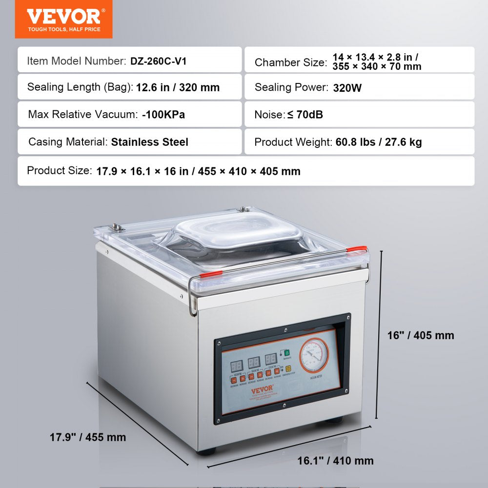 VEVOR Chamber Vacuum Sealer, DZ-260C 6 m3/h Pump Rate, Excellent Sealing Effect with Automatic Control, 320W Professional Foods Packaging Machine Used for Fresh Meats, Fruit, and Sauces