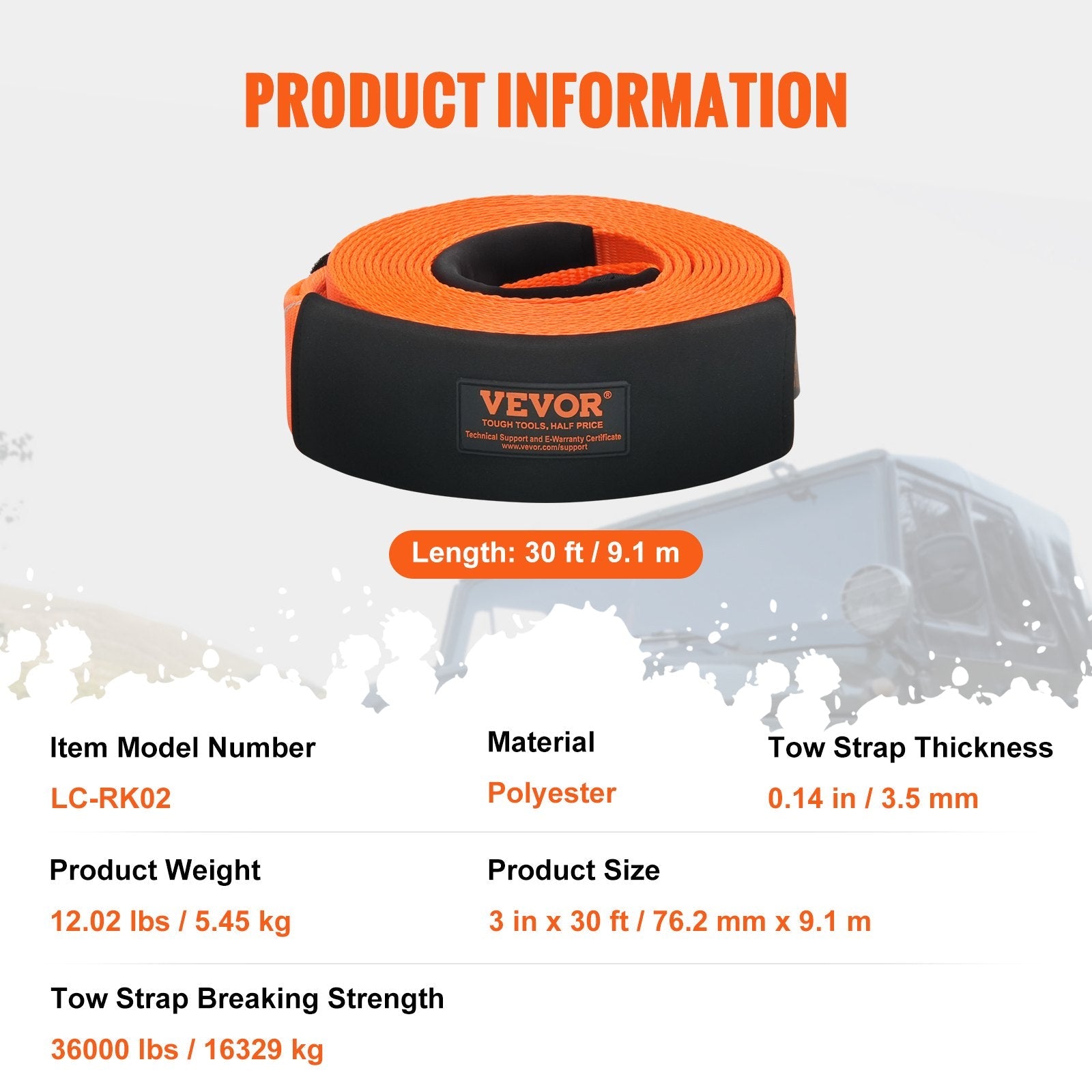 VEVOR Heavy Duty Tow Strap Recovery Kit 3" x 30 ft (MBS-36,000 lbs) Tree Saver Winch Strap, Triple Reinforced Loop & Protective Sleeves & Storage Bag , 3/4" D-Ring Shackles, for Truck Jeep SUV ATV