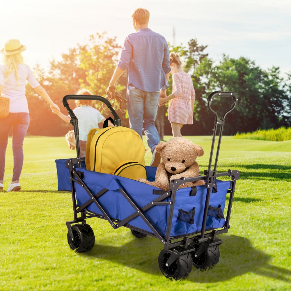 VEVOR Blue Collapsible Wagon Cart, Foldable Wagon Cart Removable Canopy 600D Oxford Cloth, Collapsible Wagon Oversized Wheels, Portable Folding Wagon Adjustable Handles, For Beach, Garden, Sports