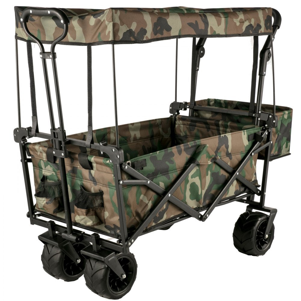 VEVOR Collapsible Wagon Cart Camouflage, Foldable Wagon Cart Removable Canopy 600D Oxford Cloth, Collapsible Wagon Oversized Wheels, Portable Folding Wagon Adjustable Handles, Beach, Garden, Sports