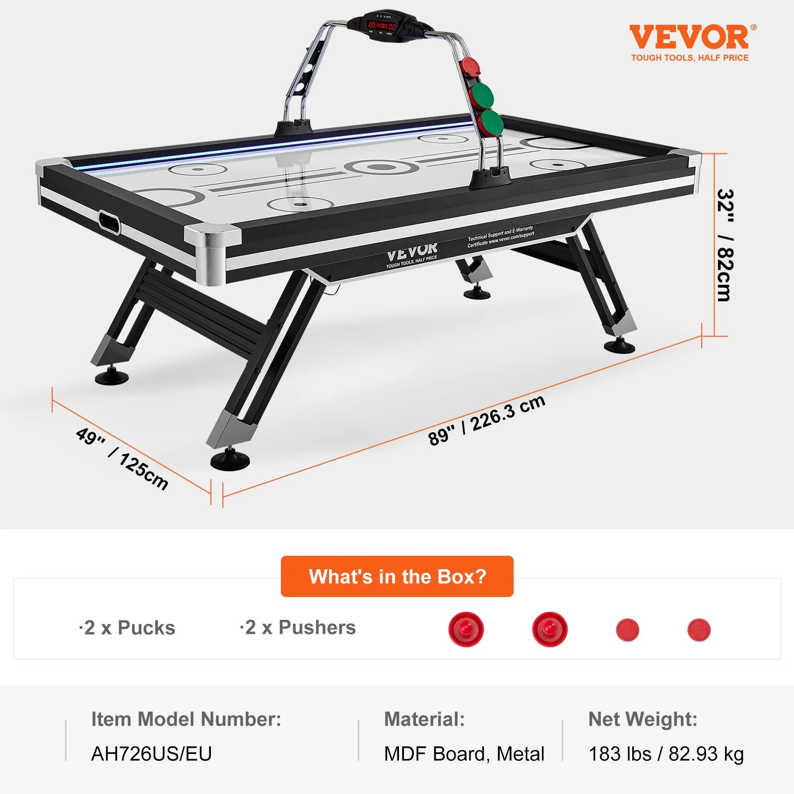 VEVOR Air-Powered Hockey Table 89" – Indoor LED Sports Hockey Game with Electronic Score System
