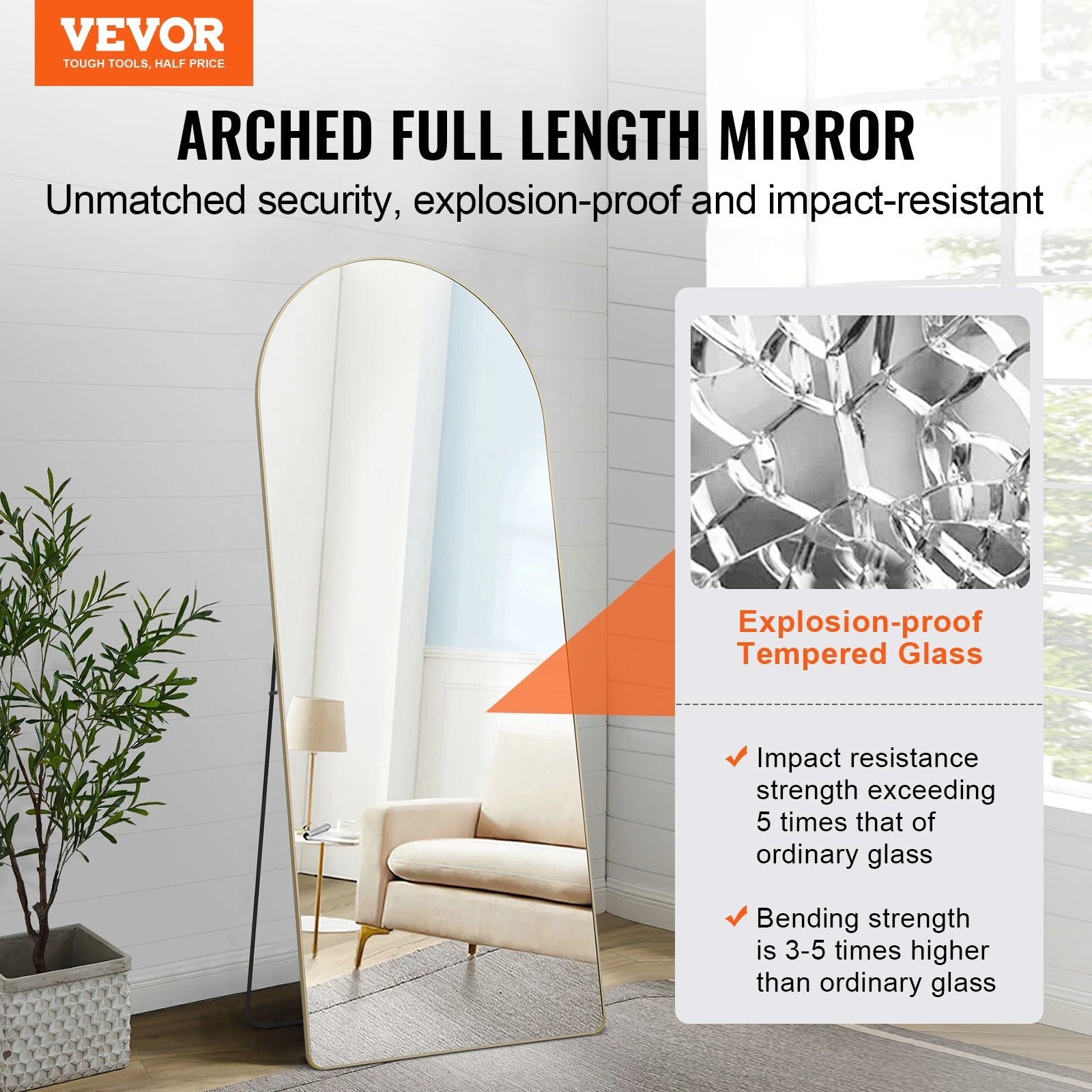 VEVOR Arched Full Length Mirror, 71'' x 30'', Large Free Standing Leaning Hanging Wall Mounted Floor Mirror with Stand Aluminum Alloy Frame, Full Body Dressing Mirror for Living Room Bedroom