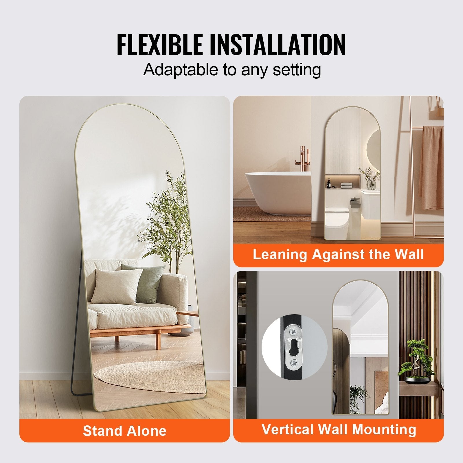 VEVOR Arched Full Length Mirror, 71'' x 30'', Large Free Standing Leaning Hanging Wall Mounted Floor Mirror with Stand Aluminum Alloy Frame, Full Body Dressing Mirror for Living Room Bedroom