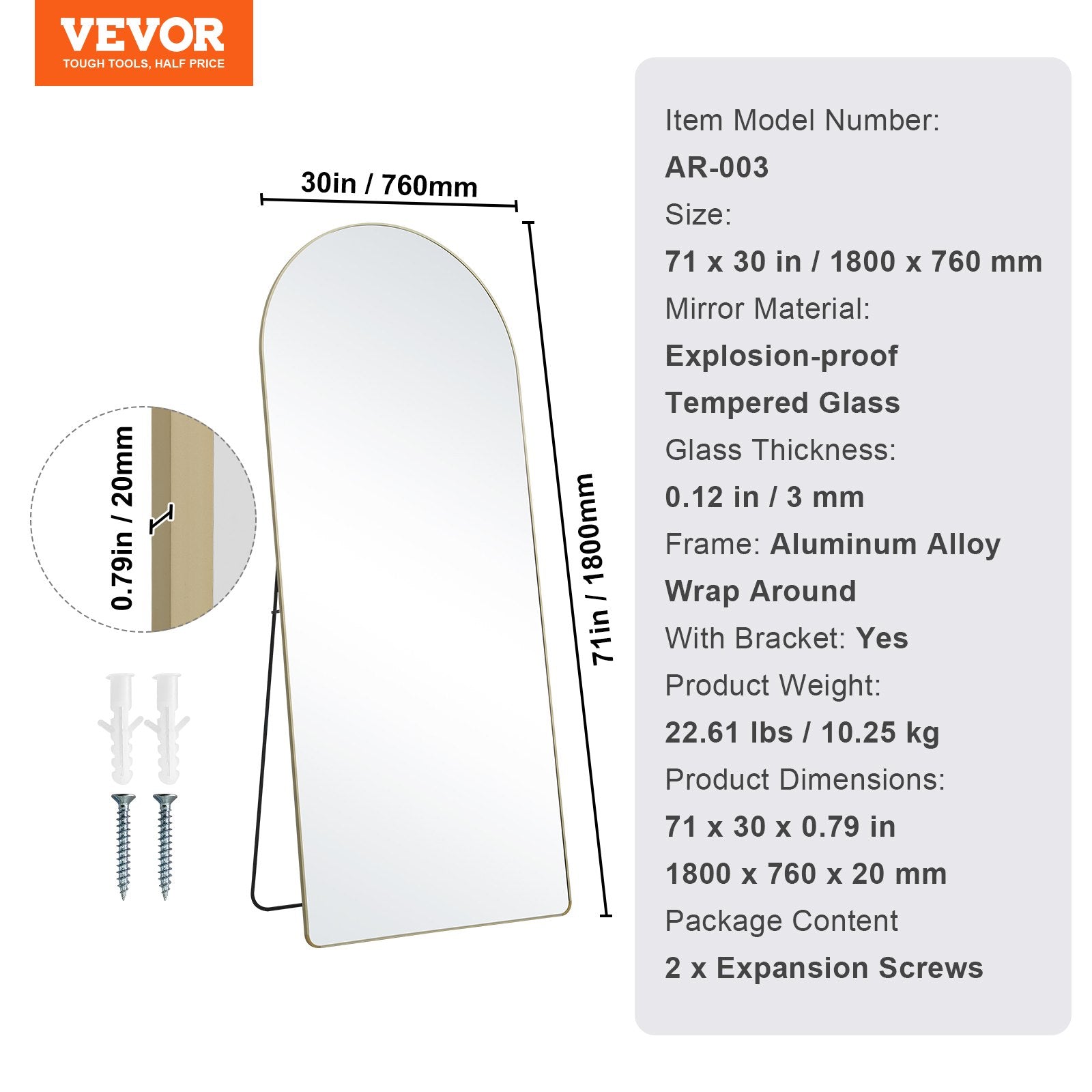 VEVOR Arched Full Length Mirror, 71'' x 30'', Large Free Standing Leaning Hanging Wall Mounted Floor Mirror with Stand Aluminum Alloy Frame, Full Body Dressing Mirror for Living Room Bedroom