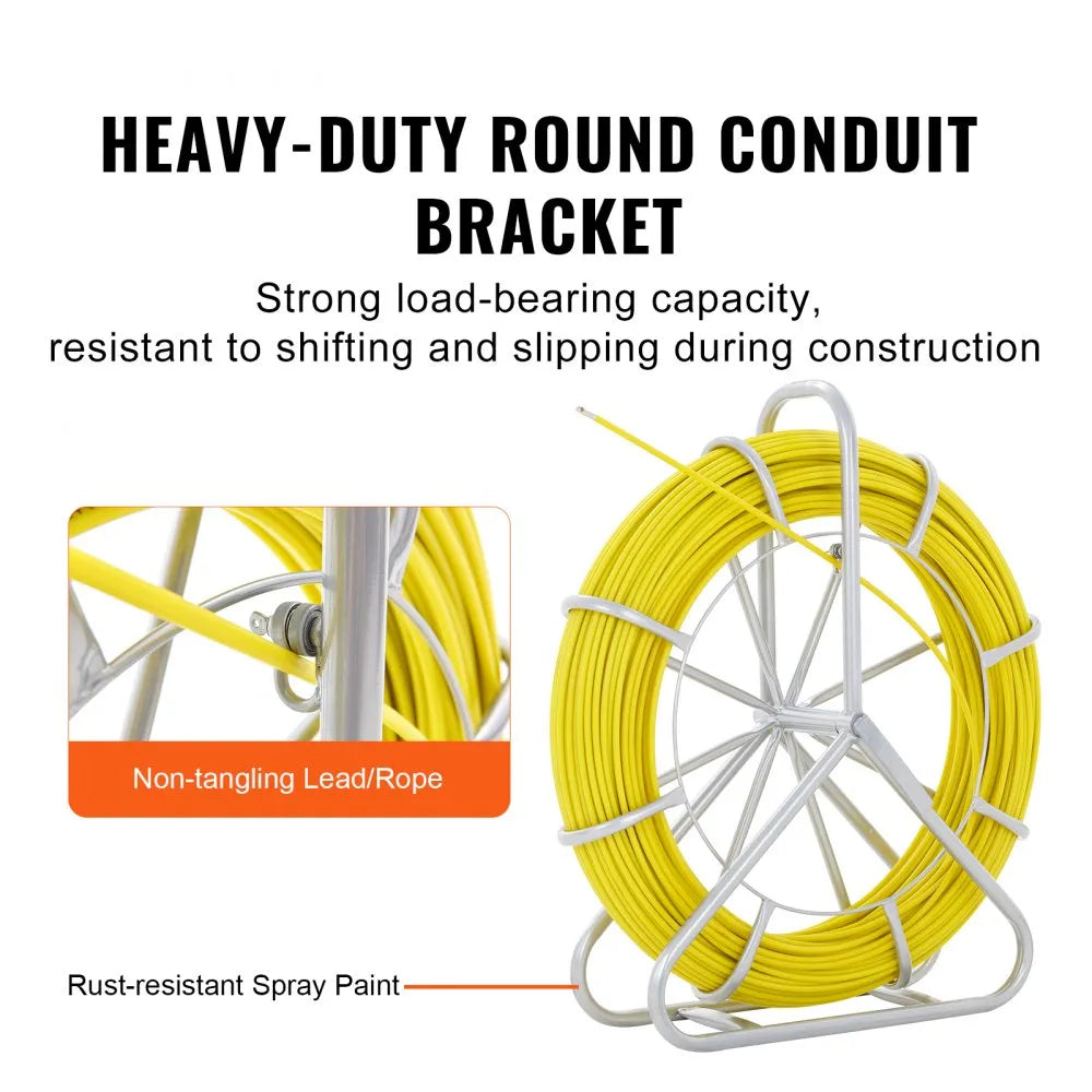 VEVOR Fish Tape Fiberglass, 600 ft, 5/16 in, Duct Rodder Fishtape Wire Puller, Cable Running Rod with Steel Reel Stand, 3 Pulling Heads, Fishing Tools for Walls and Electrical Conduit, Non-Conductive