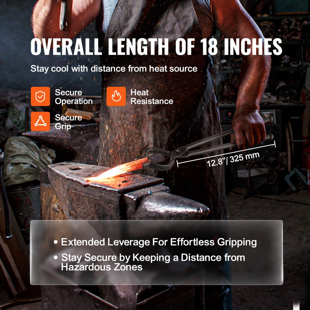 VEVOR Blacksmith Tongs, 18” V-Bit Bolt Tongs, Carbon Steel Forge Tongs with A3 Steel Rivets, for Long, Irregular, and Nail-shaped Forgings, for Beginner and Seasoned Blacksmiths and Bladesmiths