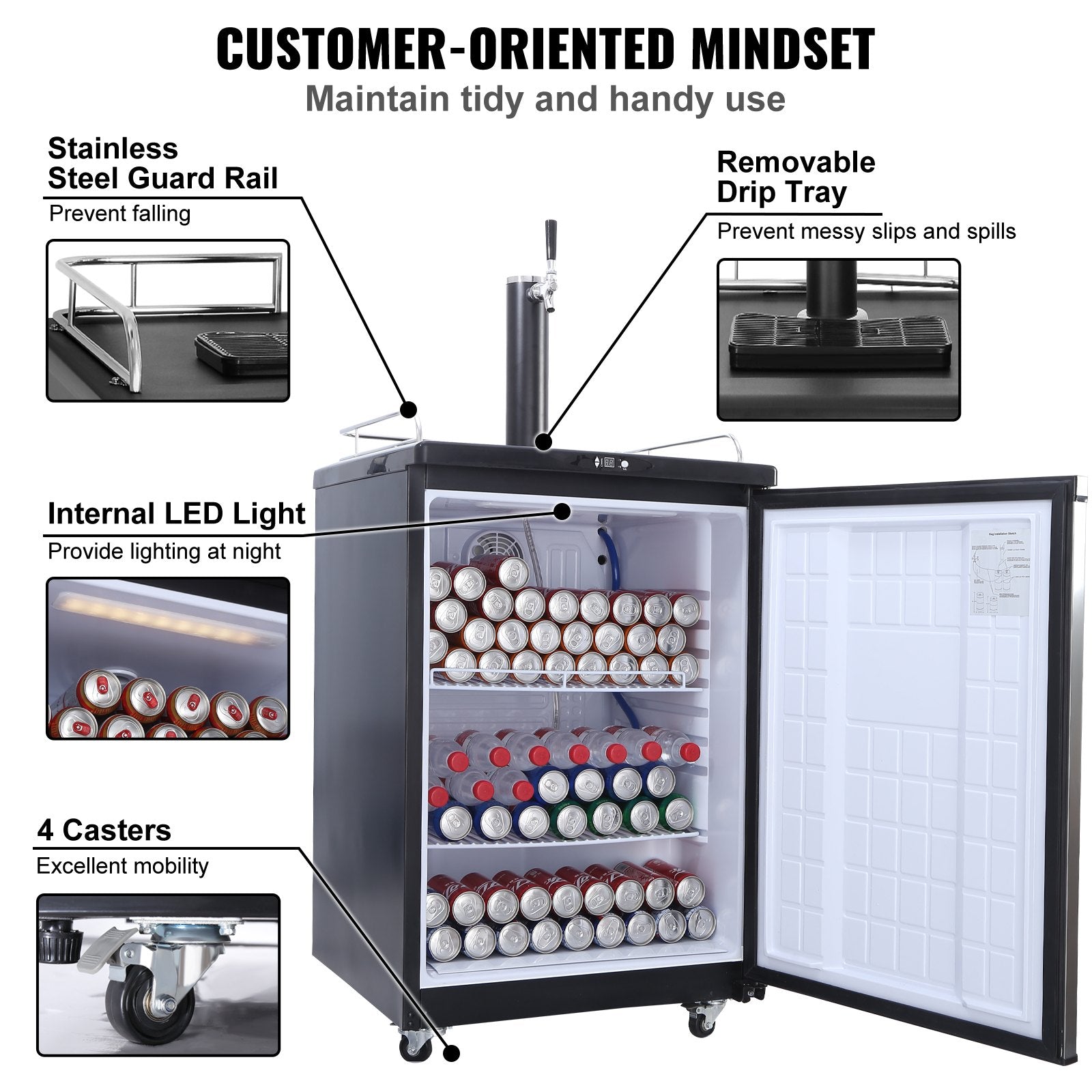 VEVOR Beer Kegerator, Single Tap Draft Beer Dispenser, Full Size Keg Refrigerator With Shelves, CO2 Cylinder, Drip Tray & Rail, 32°F- 75.2°F Temperature Control, Holds 1/6, 1/4, 1/2 Barrels, Black