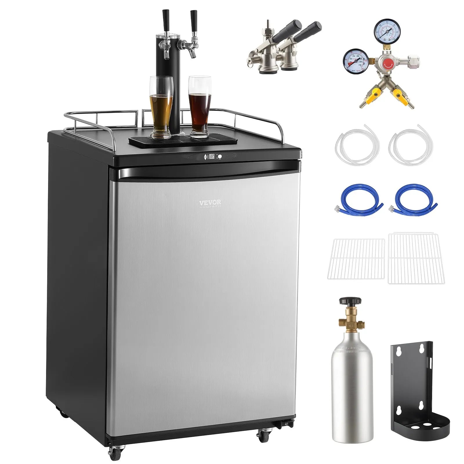 VEVOR Beer Kegerator, Dual Tap Draft Beer Dispenser, Full Size Keg Refrigerator With Shelves, CO2 Cylinder, Drip Tray & Rail, 32°F- 75.2°F Temperature Control, Holds 1/6, 1/4, 1/2 Barrels, Black