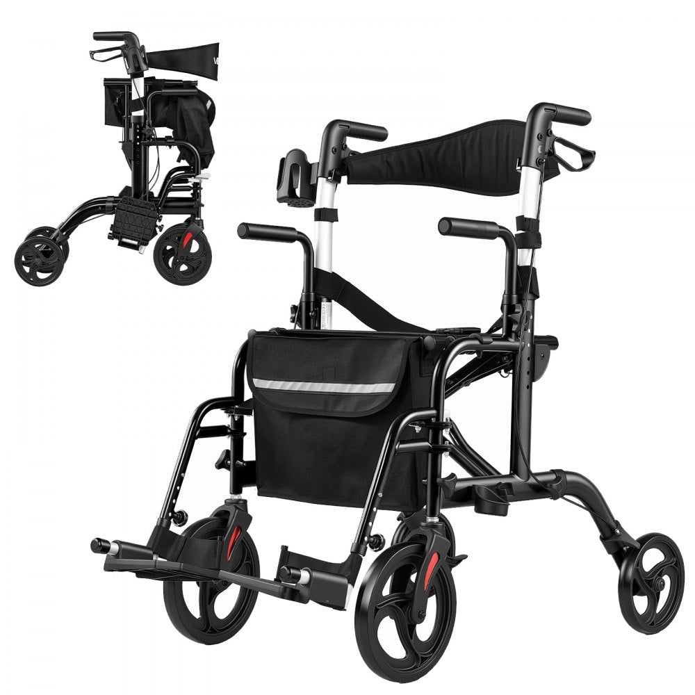 2-in-1 Rollator Walker & Transport Chair – Foldable Aluminum Mobility Aid with Seat, Cup Holder & Cane Holder