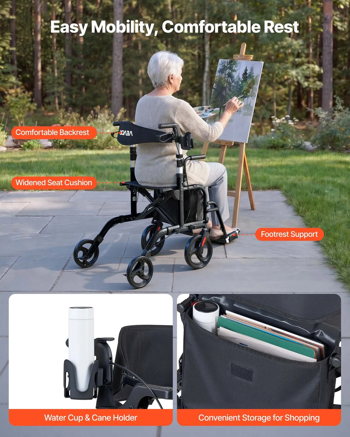 2-in-1 Rollator Walker & Transport Chair – Foldable Aluminum Mobility Aid with Seat, Cup Holder & Cane Holder