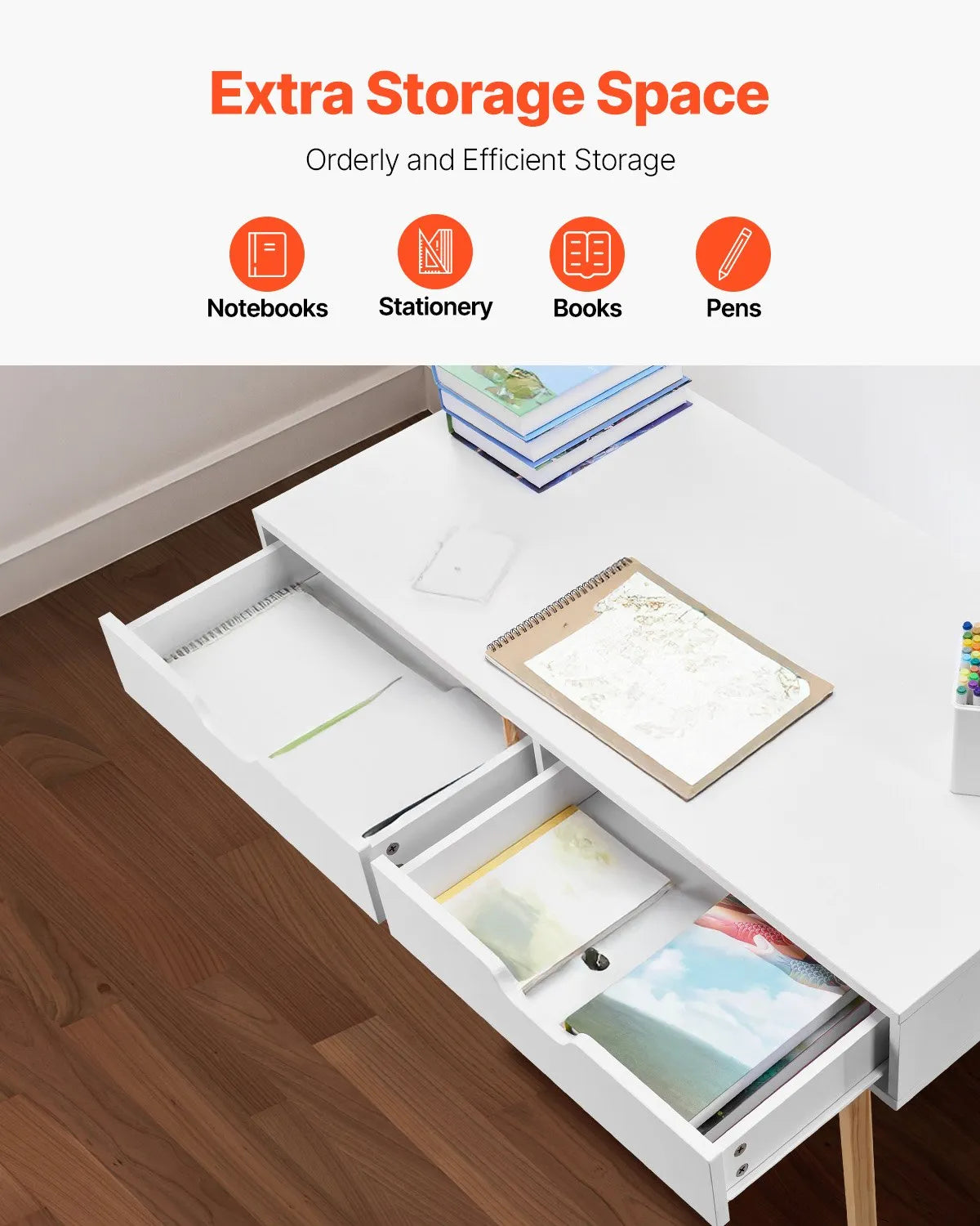 VEVOR Small Desk with Drawer Kids Desk for Bedroom Wooden Study Table White+Wood