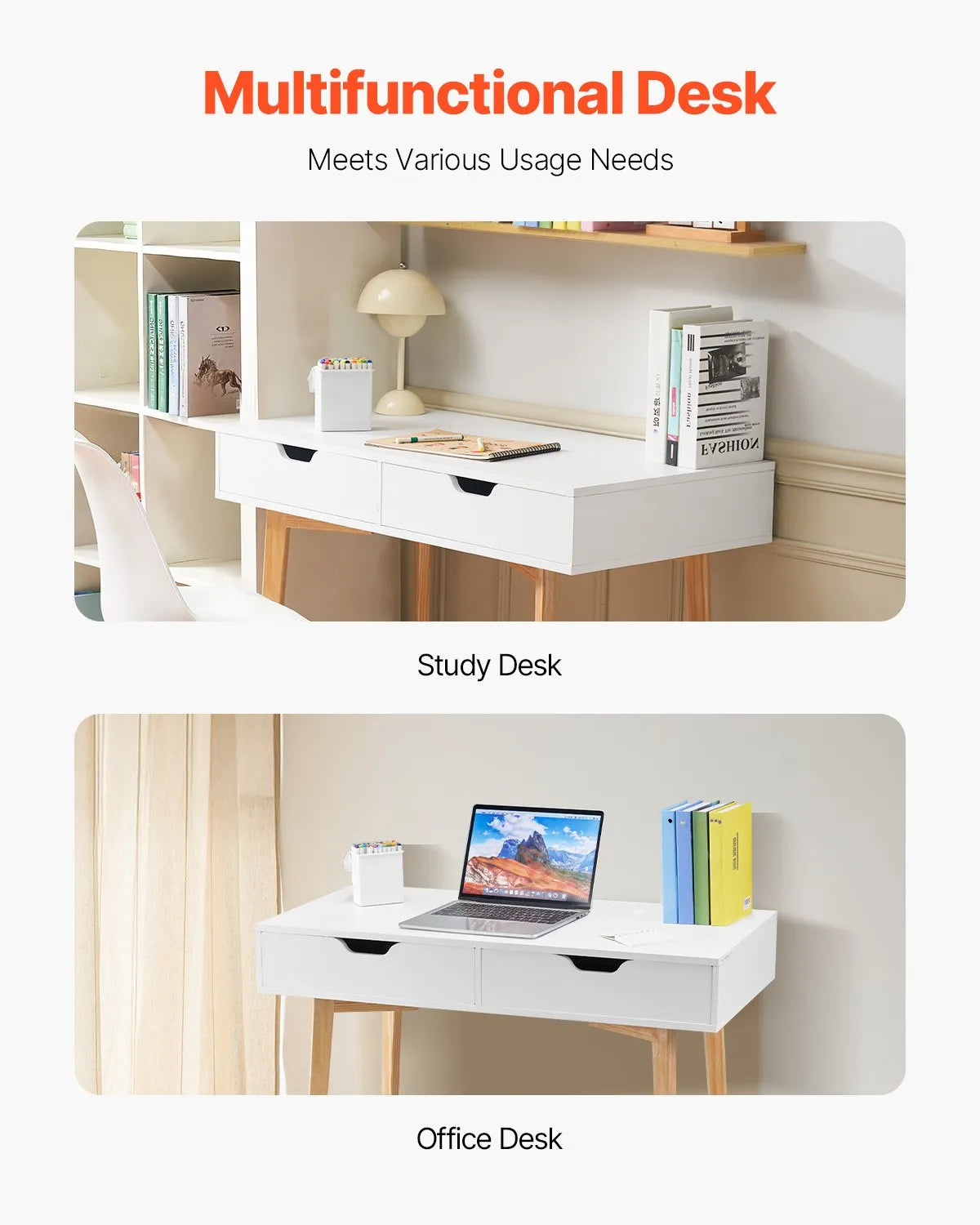 VEVOR Small Desk with Drawer Kids Desk for Bedroom Wooden Study Table White+Wood