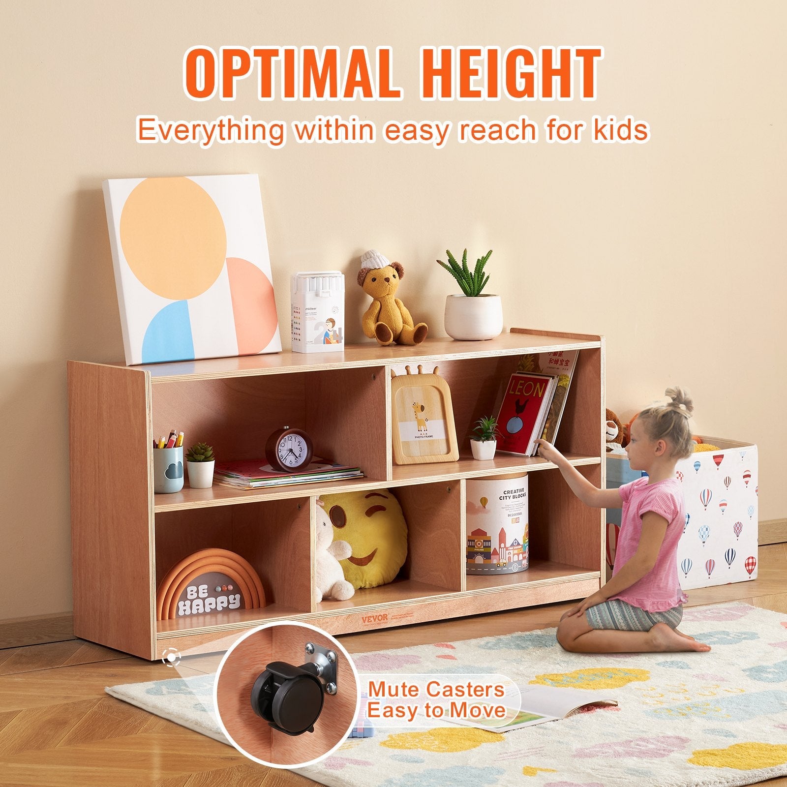 VEVOR 4-Tier Kids Wooden Bookshelf, Six-Layer Sling Bookcase, Baby Storage Book Rack, Book Toy Organizer Cabinet, for Kids Room, Playroom, Kindergarten, Nursery